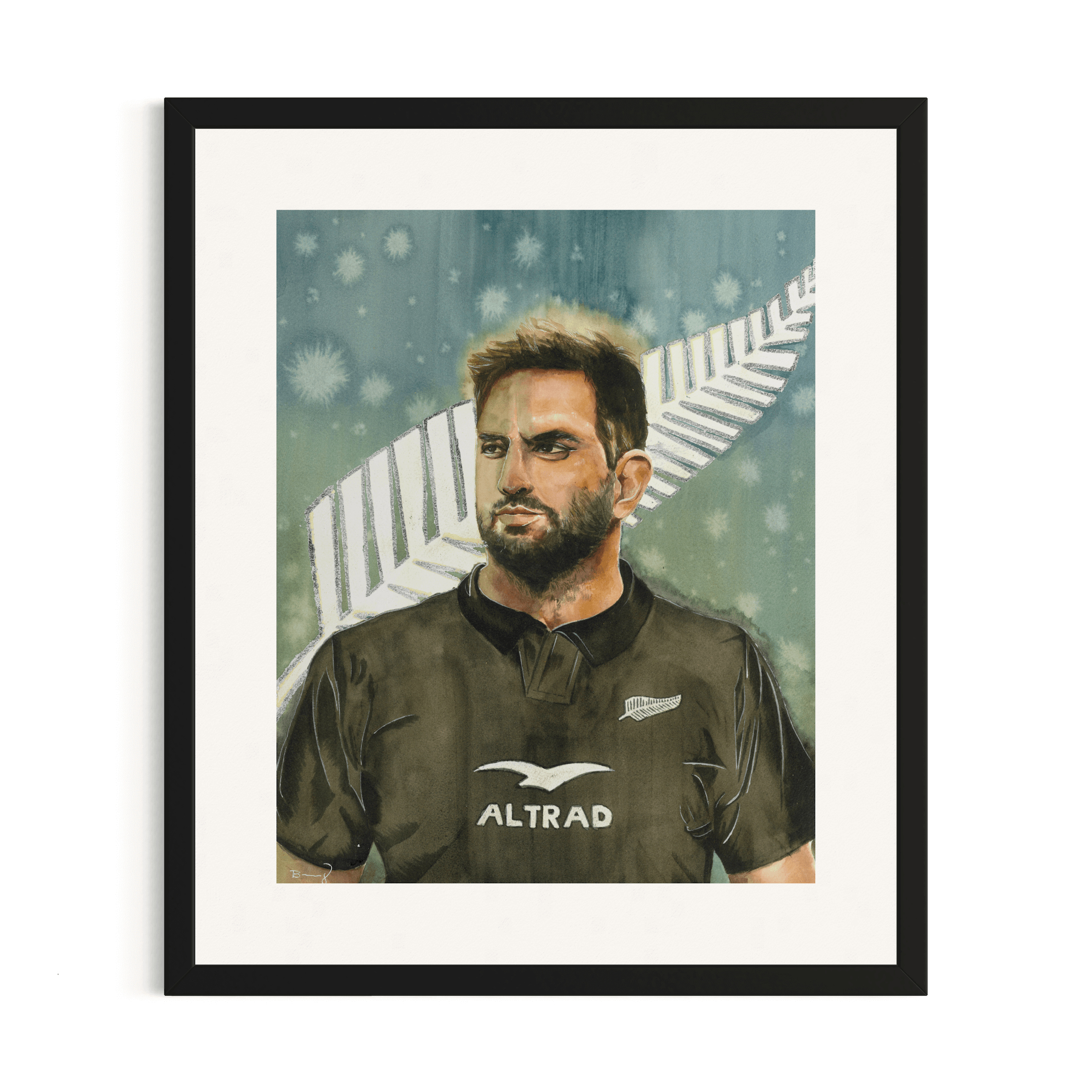Tirage d'art encadré personnalisé du joueur de rugby néo-zélandais Sam Whitelock portant le maillot noir des All Blacks. Comprend l'emblème argenté des All Blacks embelli à la main, un passe-partout personnalisé et un cadre noir.
