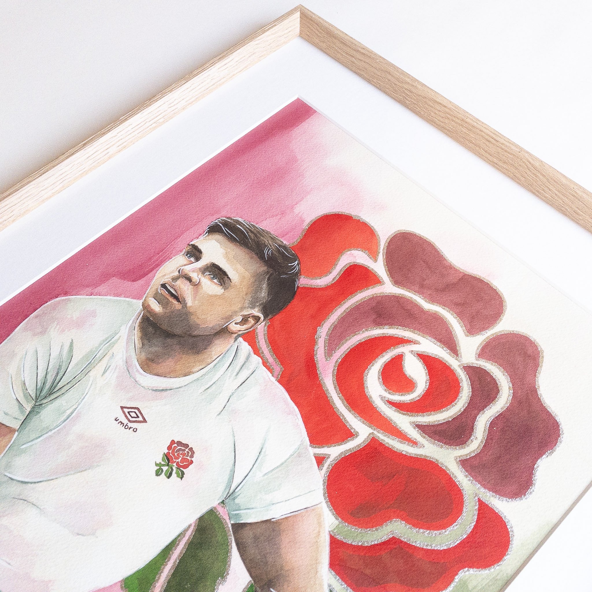 Portrait de Ben Youngs en aquarelle, cadre chêne naturel, vue en perspective