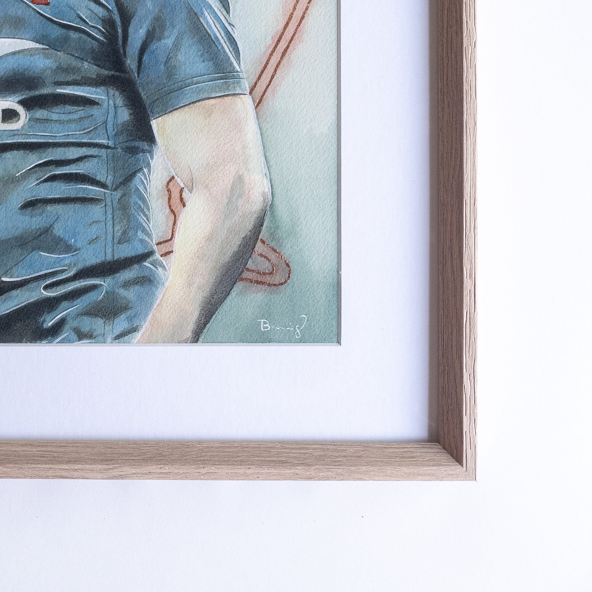 Cadre chêne naturel, passe-partout et signature — aquarelle originale d'Antoine Dupont