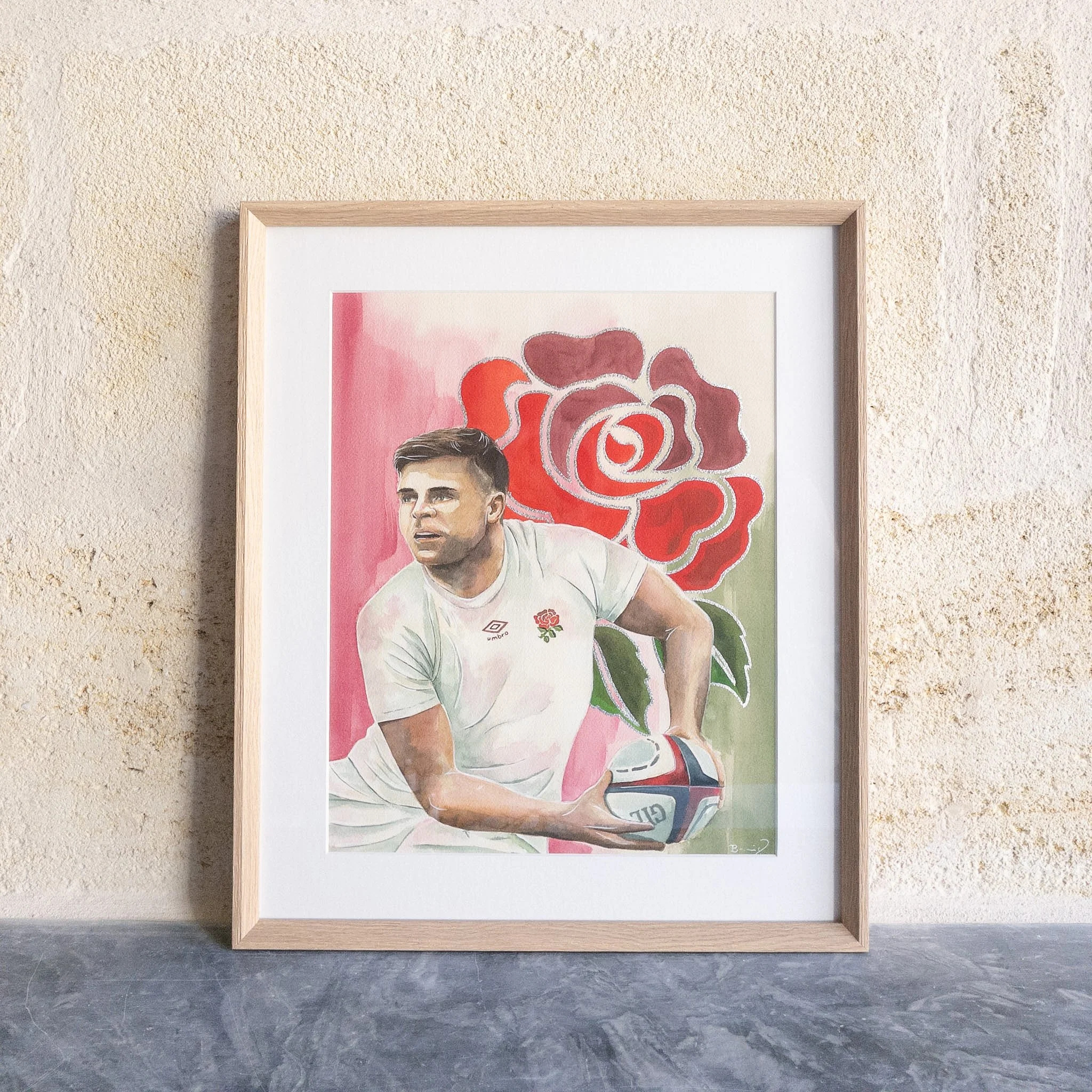Aquarelle originale de Ben Youngs encadrée, chêne naturel et passe-partout blanc, vue de face