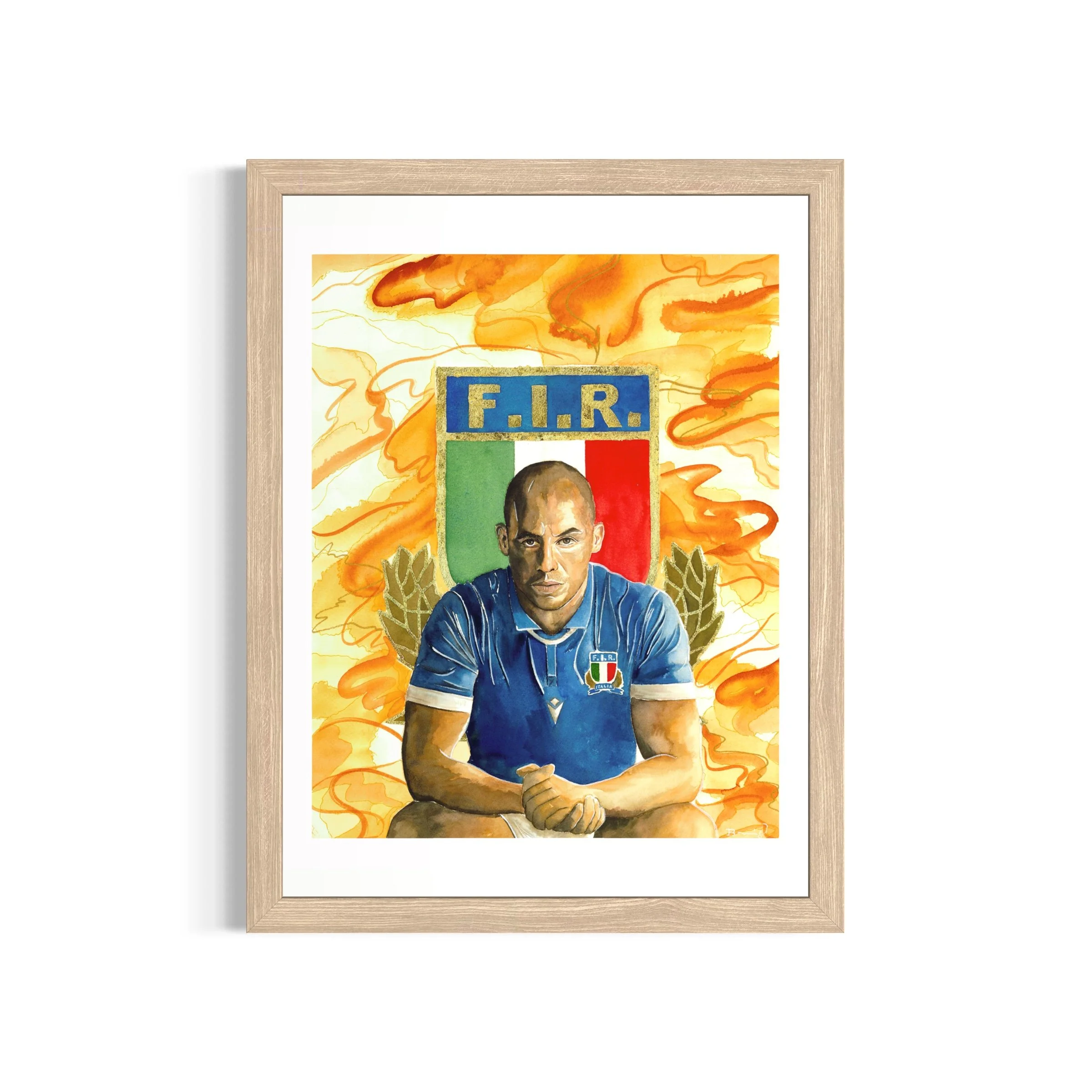 Sergio Parisse, tirage d'art 30 x 40 cm rehaussé à la main d'après un portrait à l'aquarelle — collection Légendes du Rugby