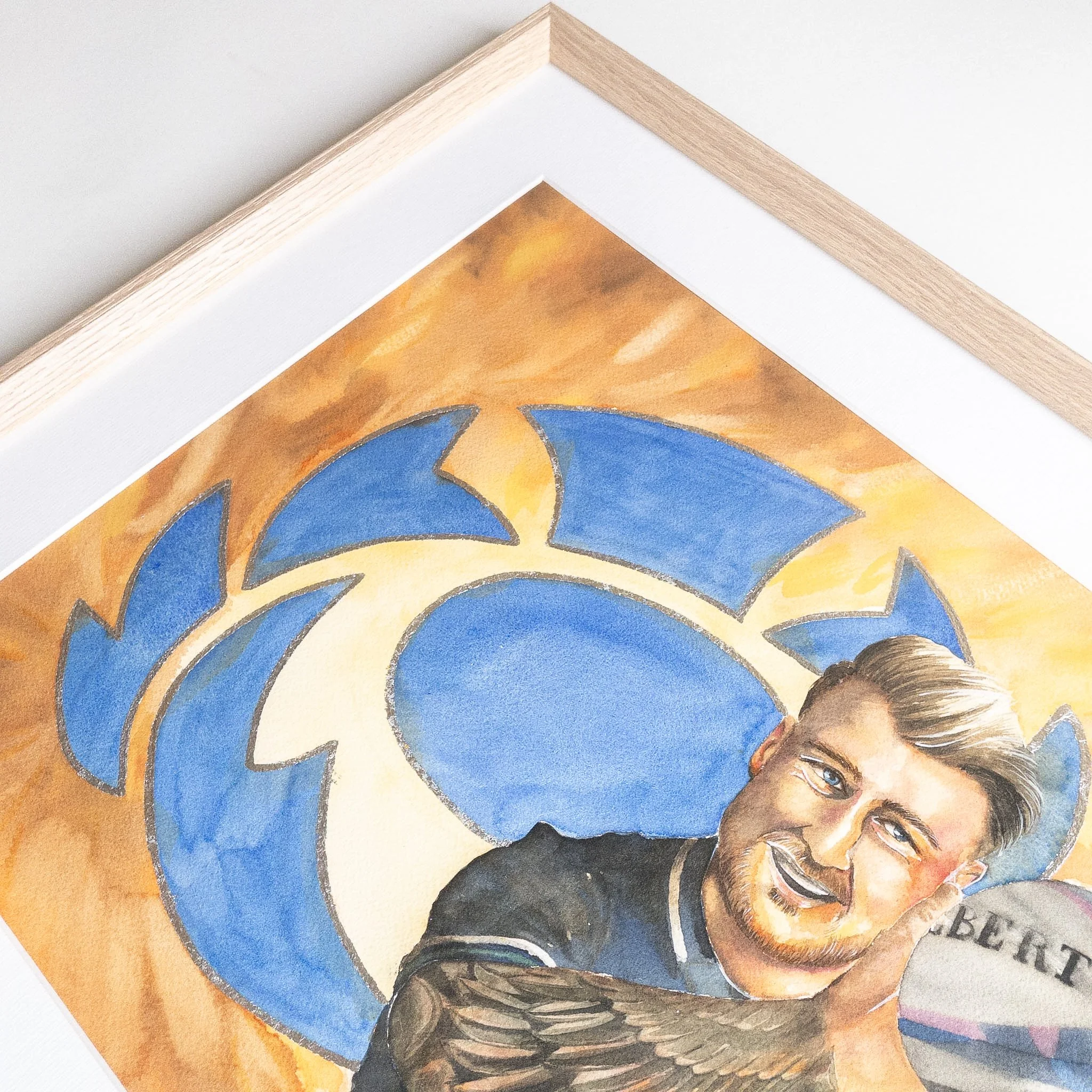 Portrait de Stuart Hogg en aquarelle, cadre chêne naturel, vue en perspective