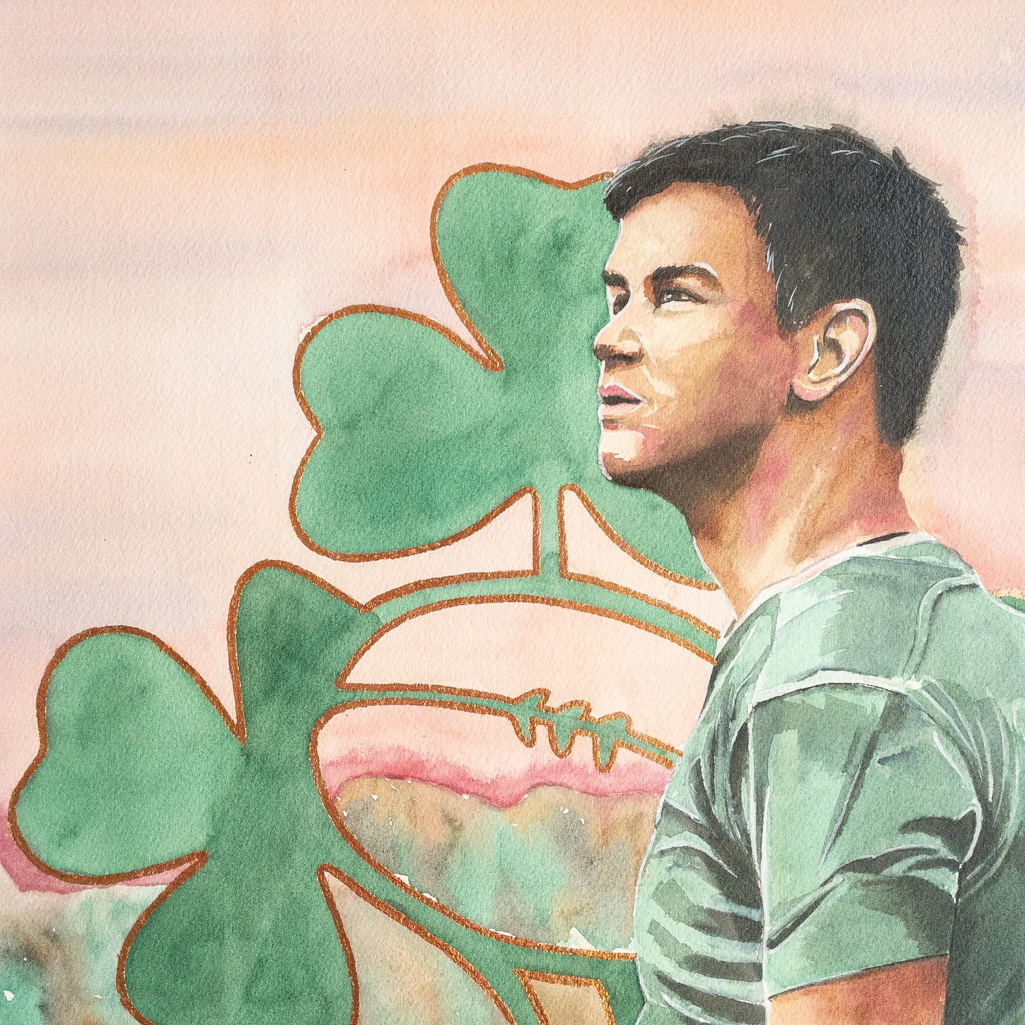 Détail de l'aquarelle originale — portrait de Johnny Sexton, feuille de cuivre et grain du papier Arches