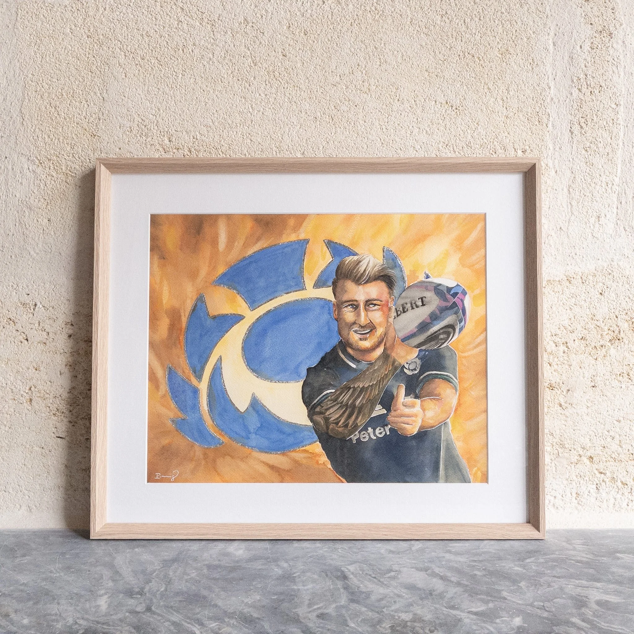 Aquarelle originale de Stuart Hogg encadrée, chêne naturel et passe-partout blanc, vue de face