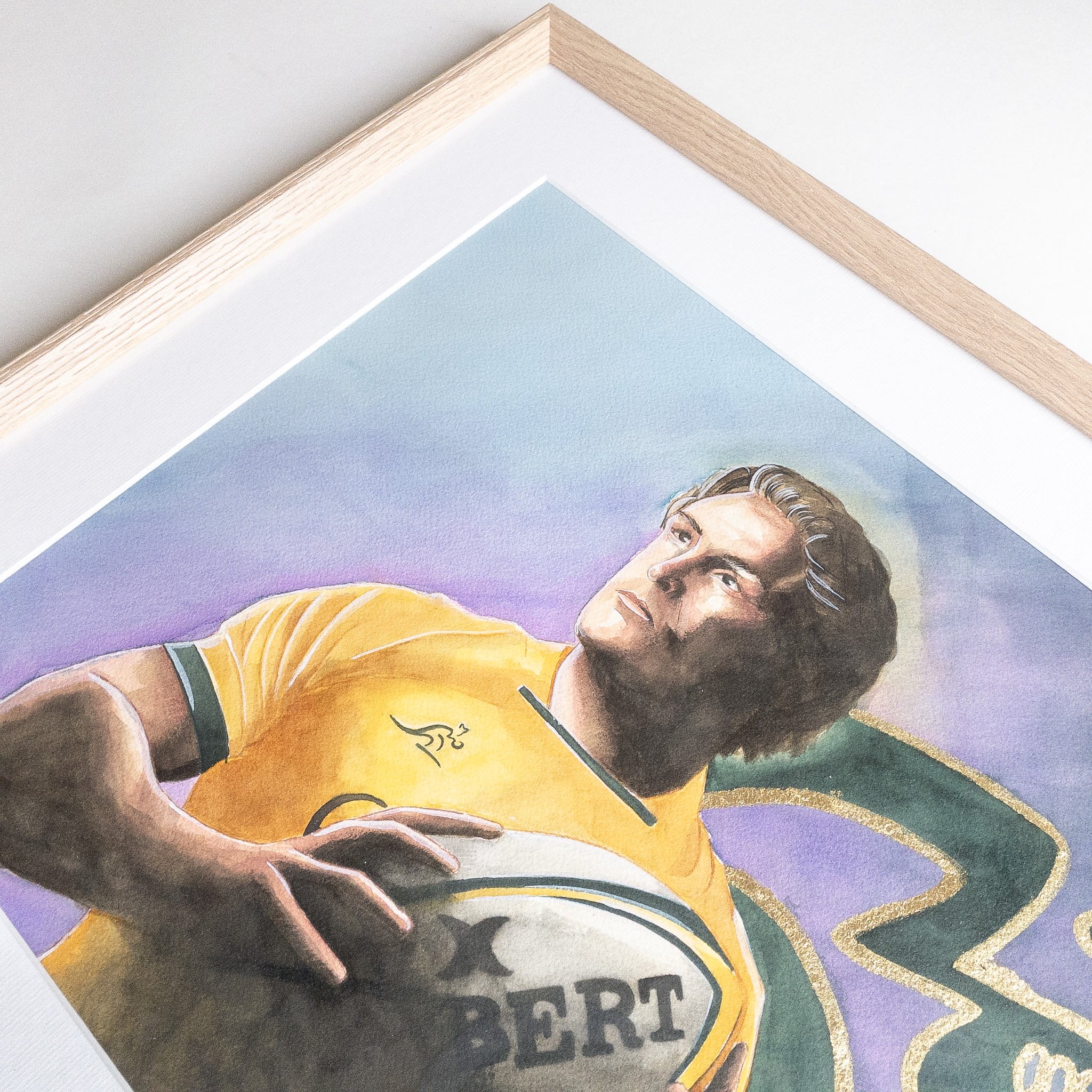 Portrait de Michael Hooper en aquarelle, cadre chêne naturel, vue en perspective
