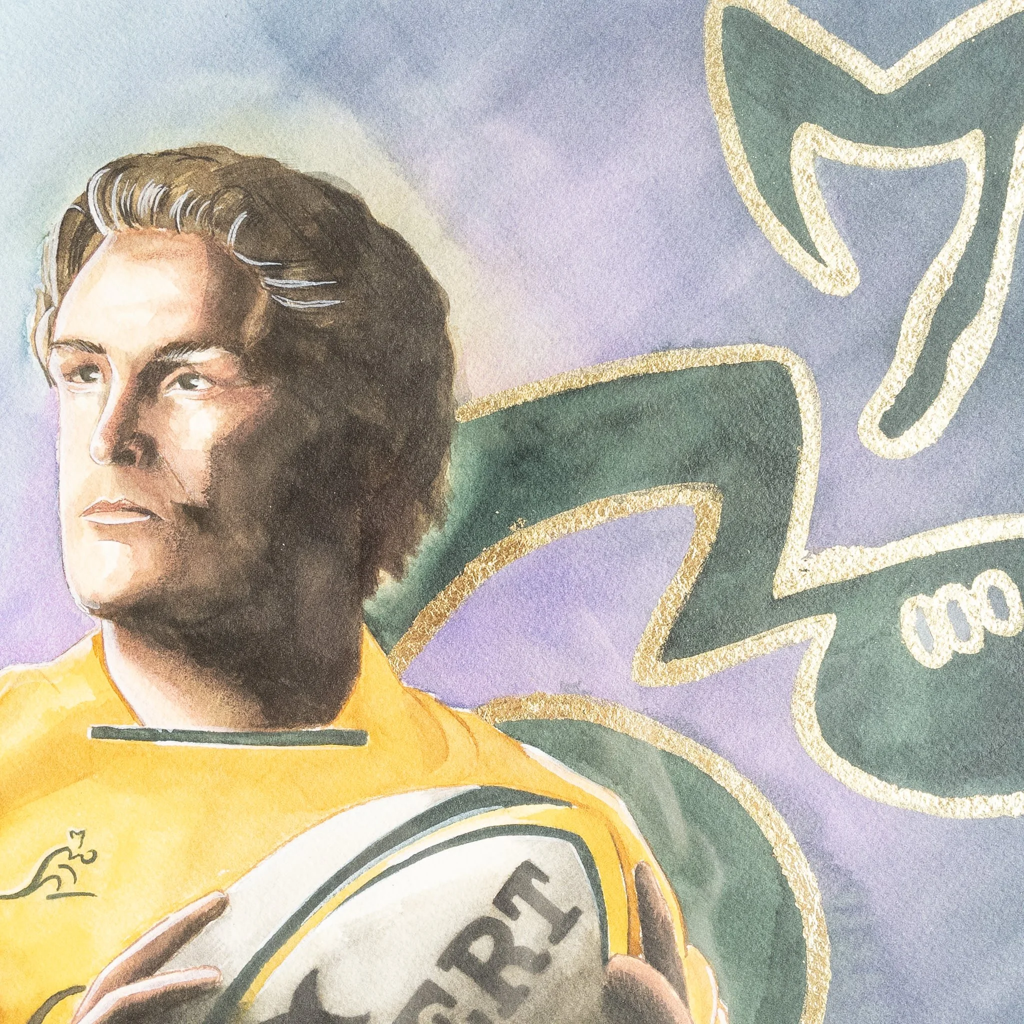 Détail de l'aquarelle originale — portrait de Michael Hooper, feuilles d'or et grain du papier Arches