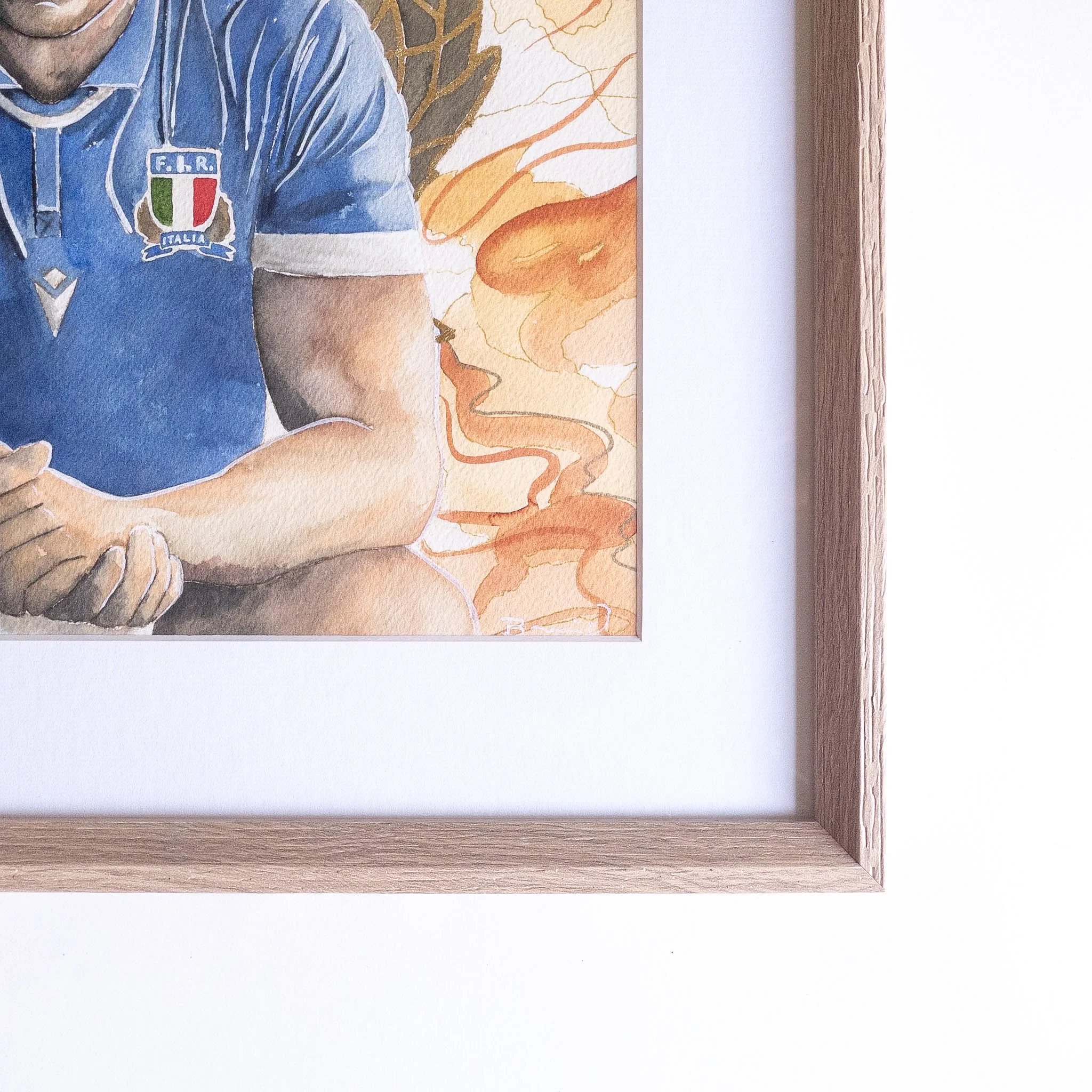 Cadre chêne naturel, passe-partout et signature — aquarelle originale de Sergio Parisse