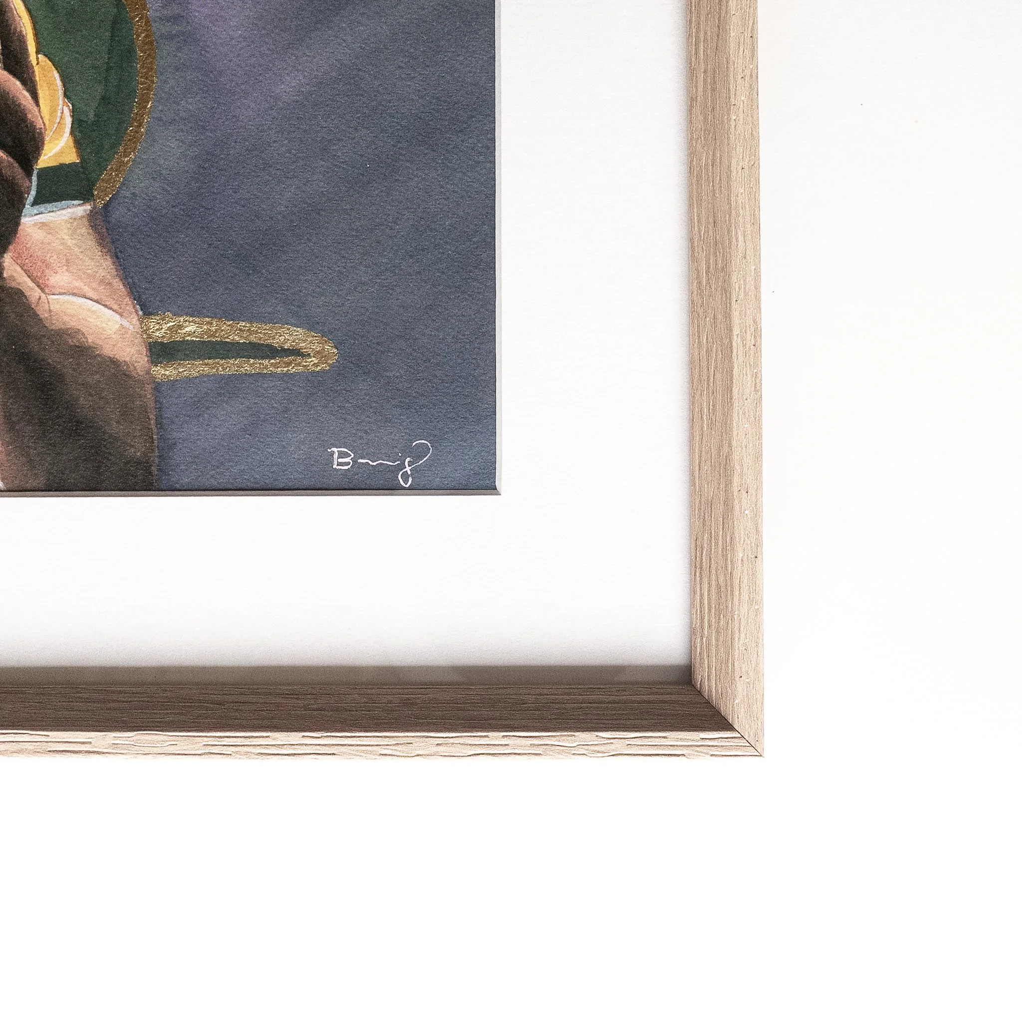 Cadre chêne naturel, passe-partout et signature — aquarelle originale de Michael Hooper