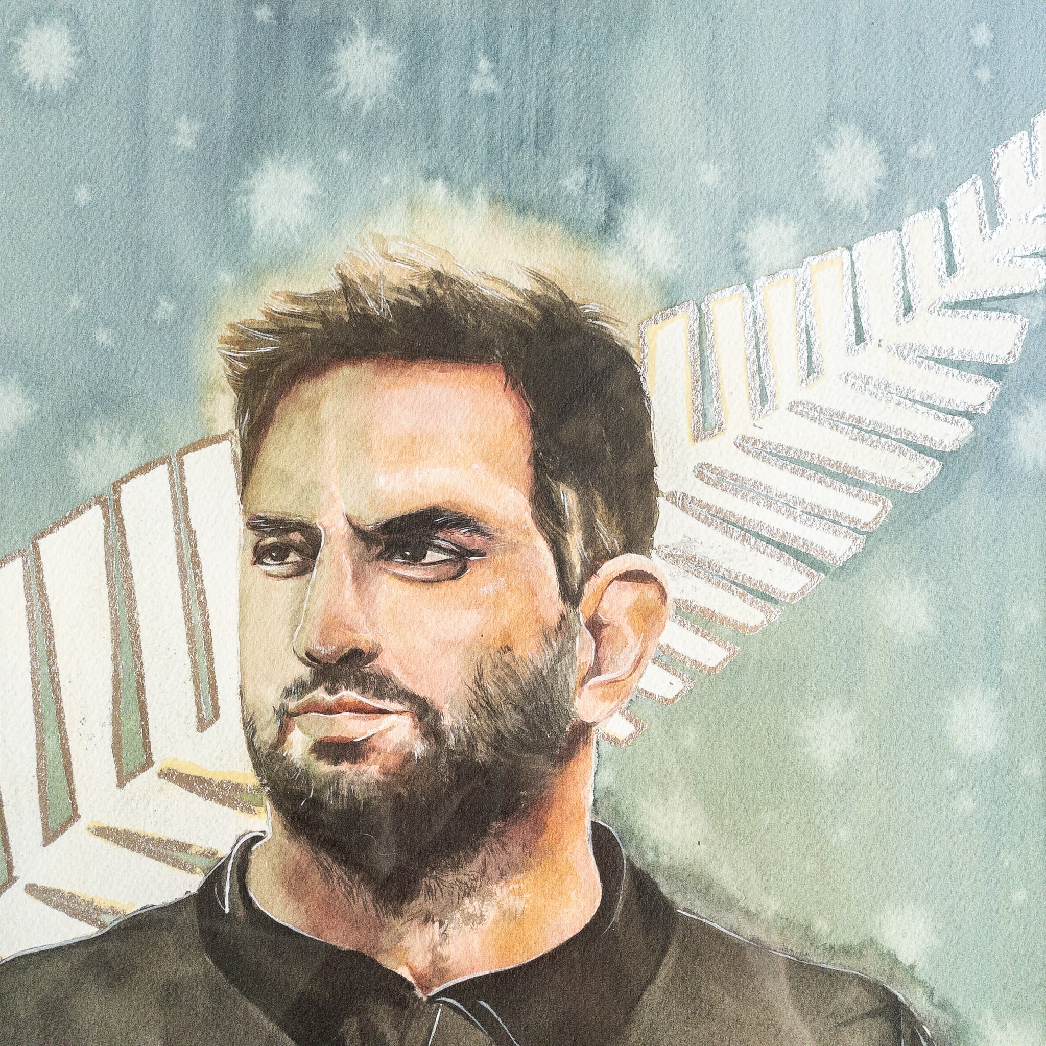 Détail de l'aquarelle originale — portrait de Sam Whitelock, feuille d'aluminium et grain du papier Arches