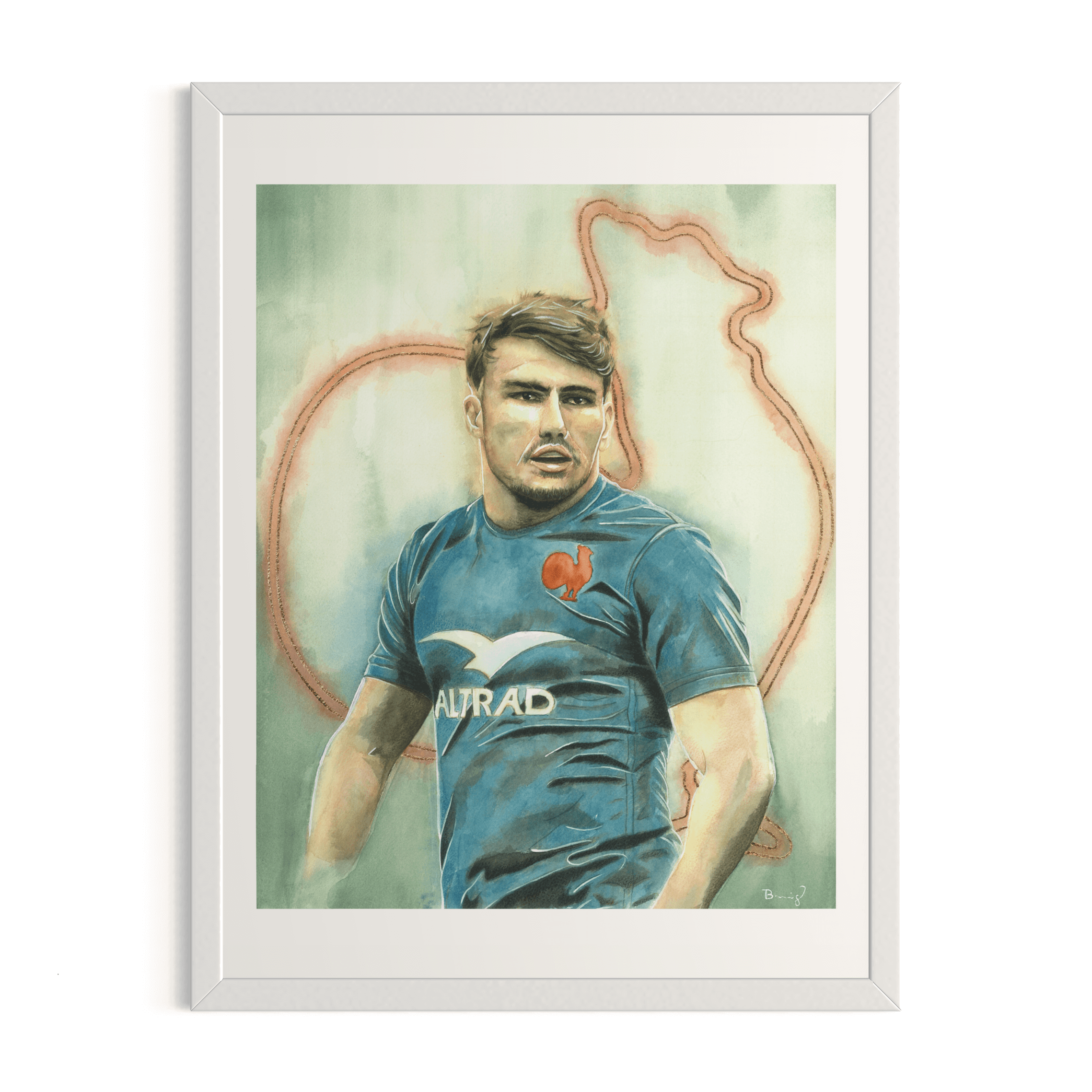 30 x 40 cm fine art print of French rugby player Antoine Dupont in a blue Les Bleus jersey. Features hand-embellished bronze Les Bleus emblem and a standard 30 x 40 cm white frame.
