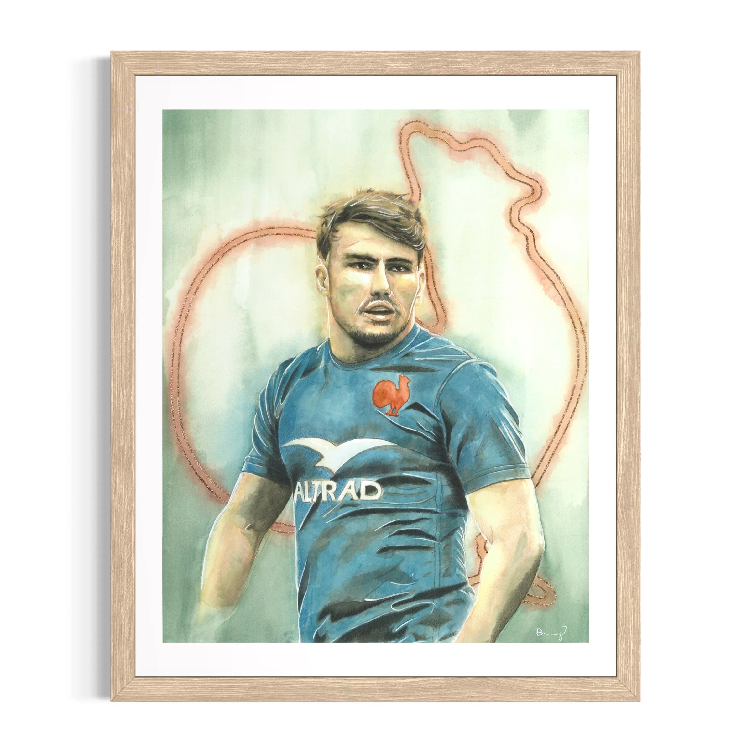 Antoine Dupont, tirage d'art 40 x 50 cm rehaussé à la main d'après un portrait à l'aquarelle — collection Légendes du Rugby