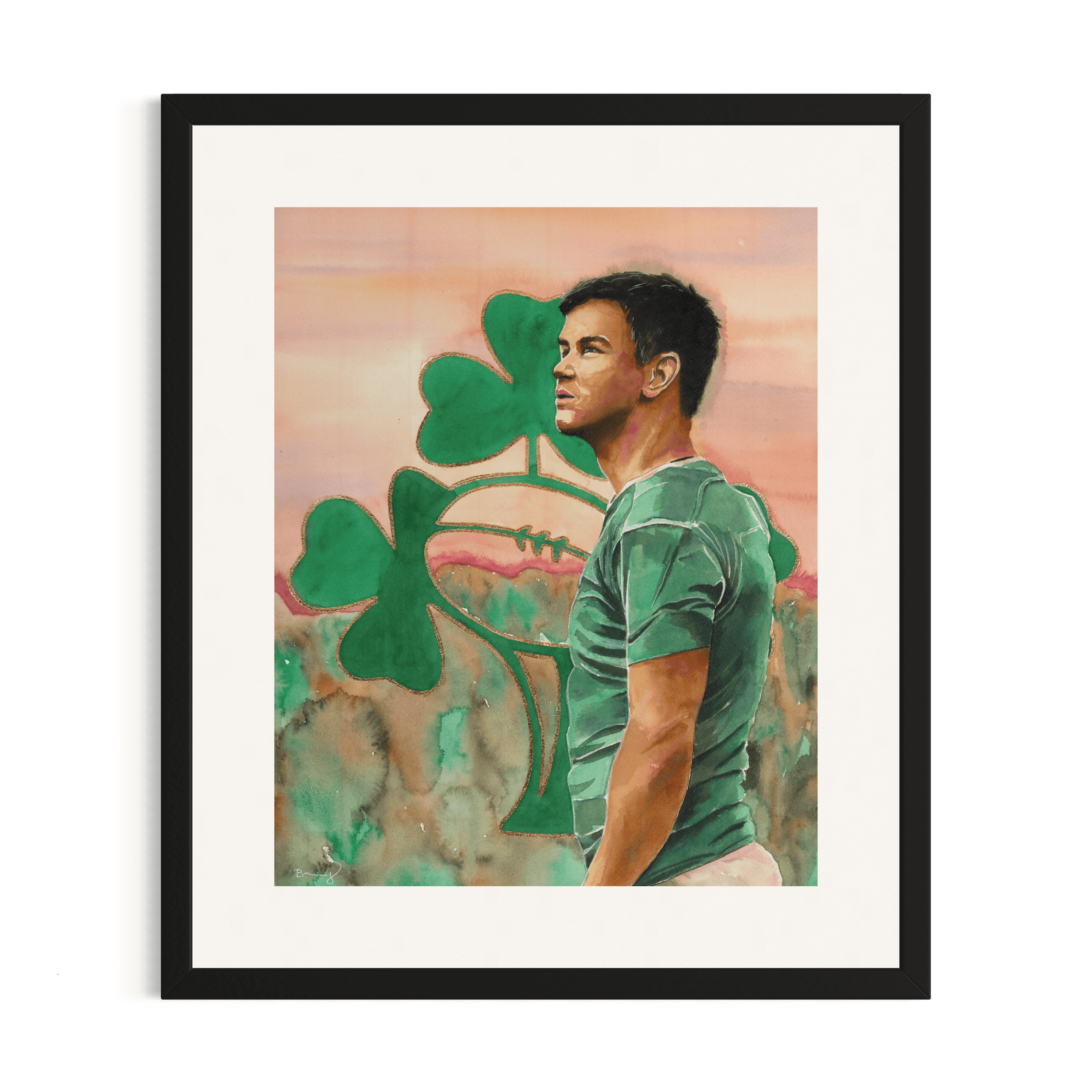 Custom framed fine art print of Irish rugby player Johnny Sexton in a signature green jersey. Features hand-embellished bronze Clover emblem, custom mat, and black frame.