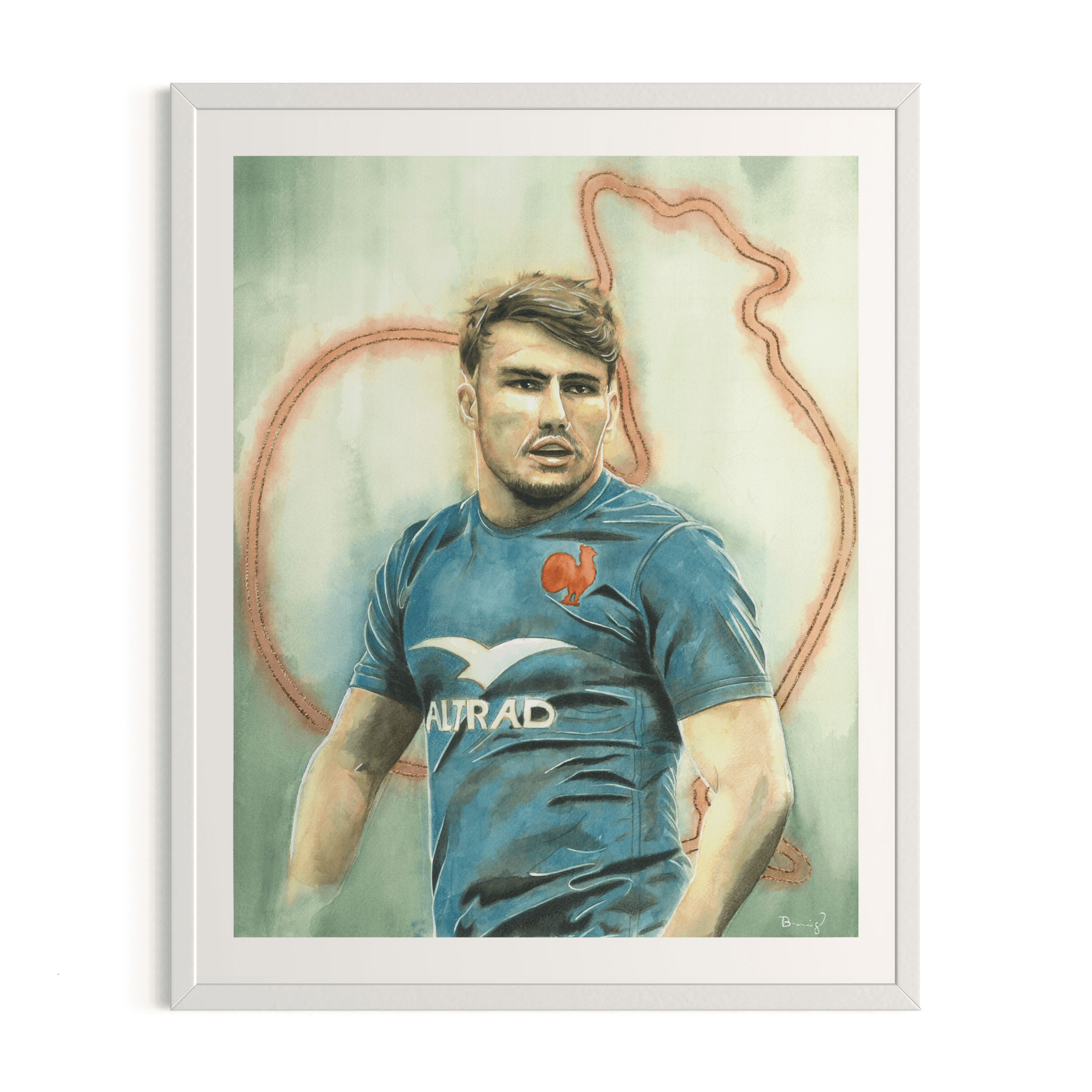 40 x 50 cm fine art print of French rugby player Antoine Dupont in a blue Les Bleus jersey. Features hand-embellished bronze Les Bleus emblem and a standard 40 x 50 cm white frame.