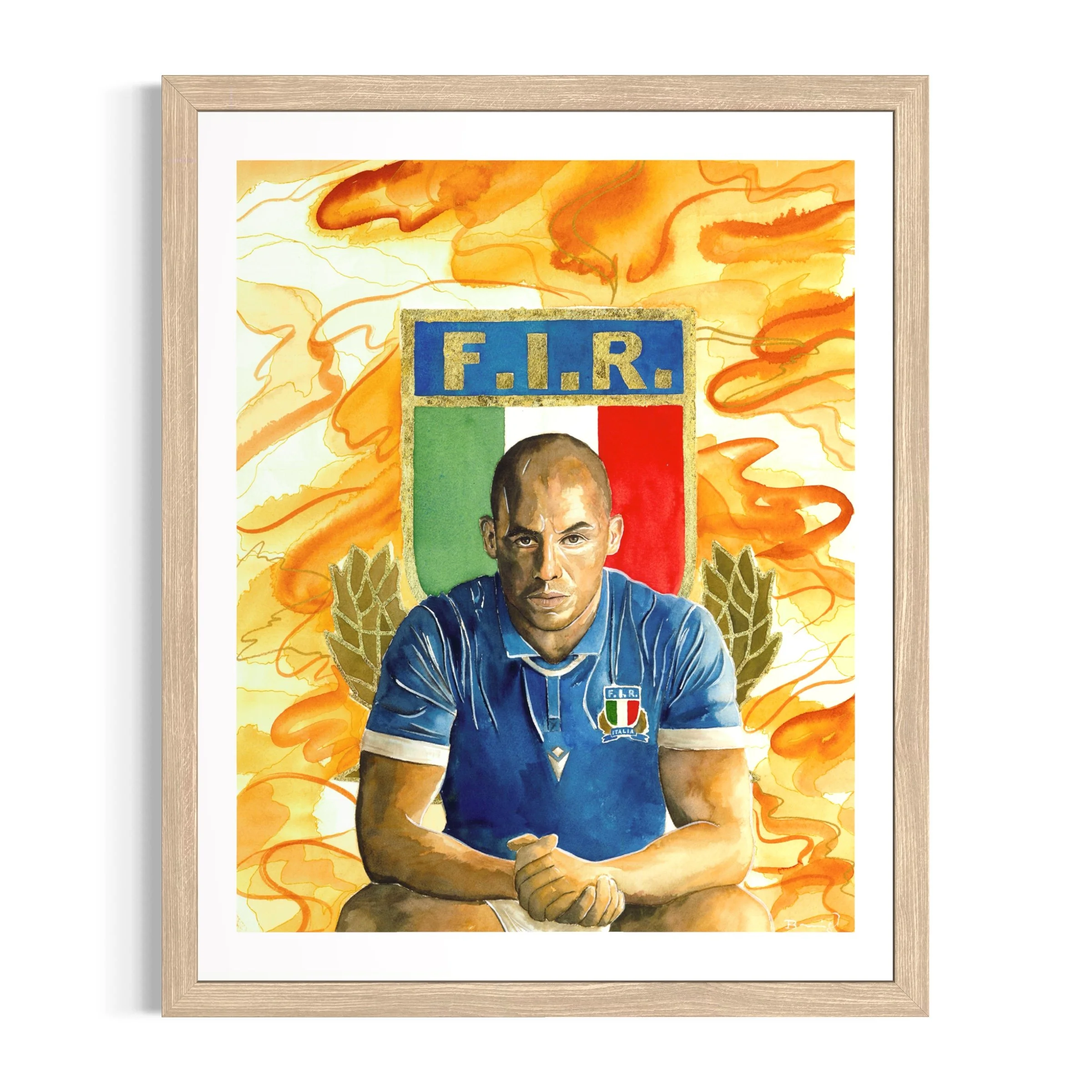Sergio Parisse, tirage d'art 40 x 50 cm rehaussé à la main d'après un portrait à l'aquarelle — collection Légendes du Rugby