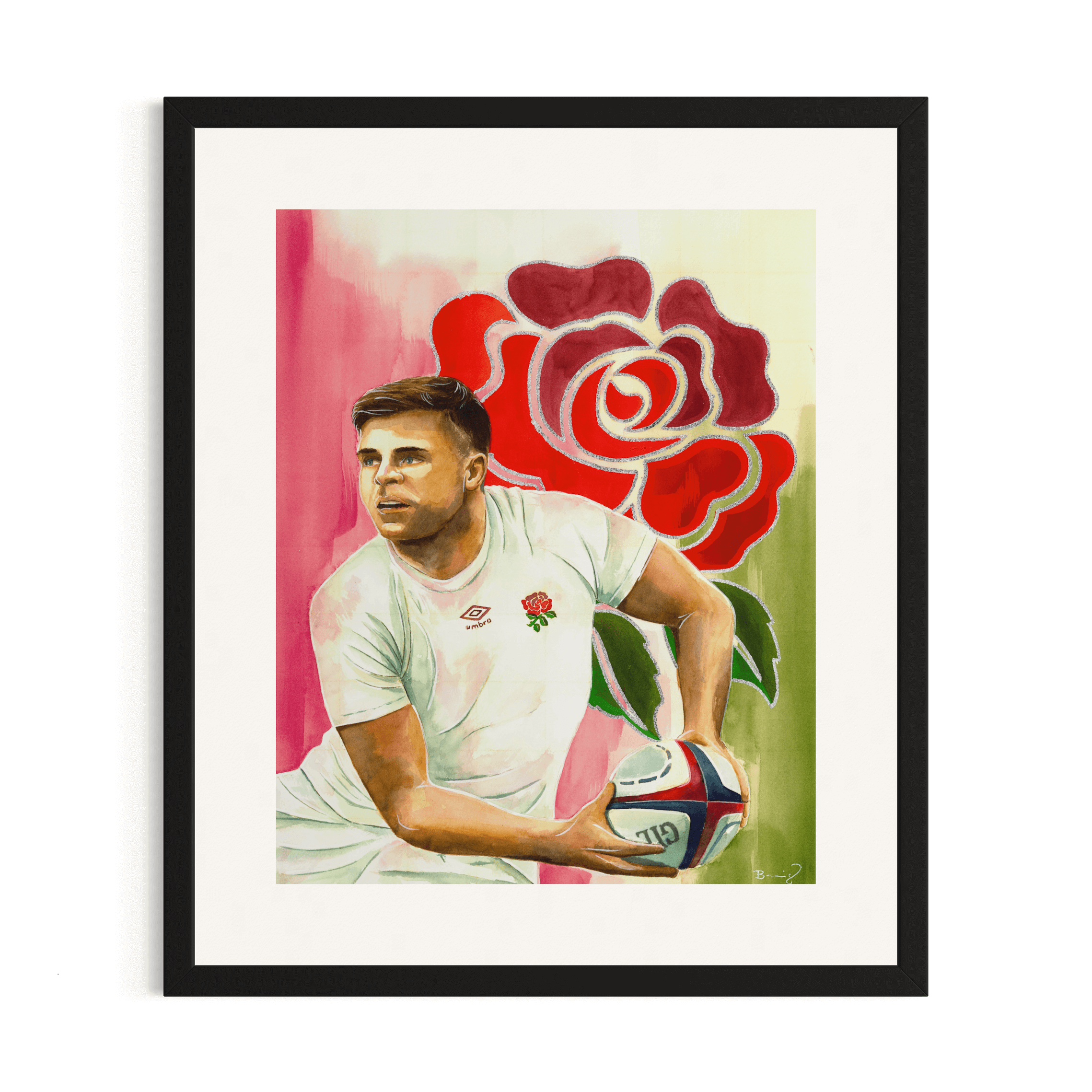 Custom framed fine art print of English rugby player Ben Youngs in a white jersey with a rugby ball. Features hand-embellished silver Rose emblem, custom mat, and black frame.