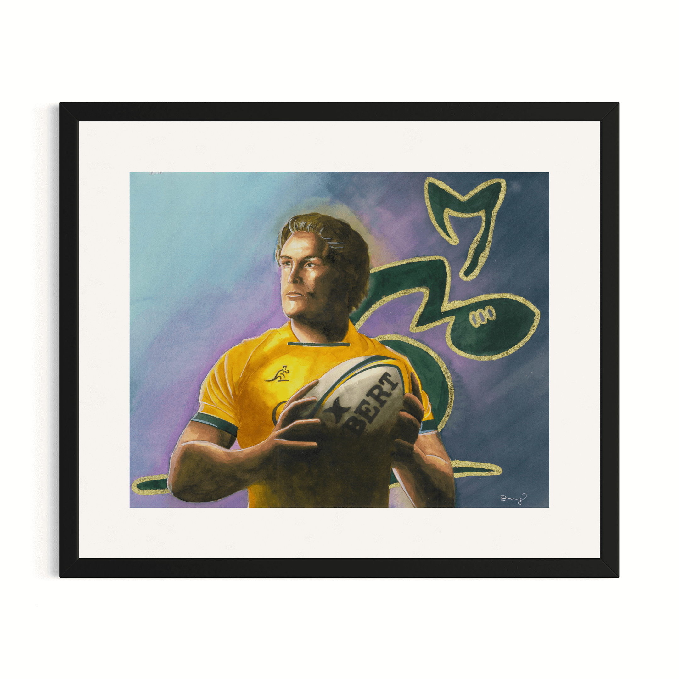 Custom framed fine art print of Australian rugby player Michael Hooper in a gold Wallabies jersey with a rugby ball. Features hand-embellished gold Wallabies emblem, custom mat, and black frame.