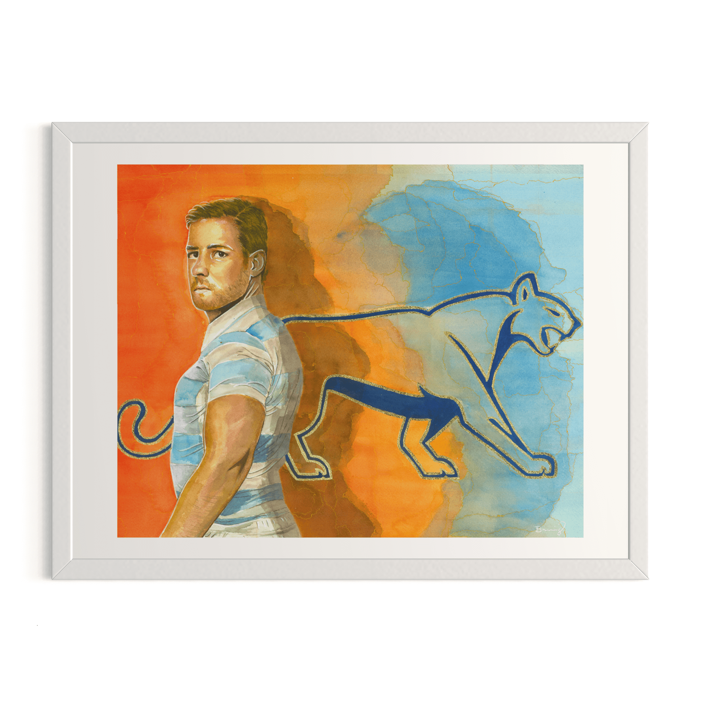 30 x 40 cm fine art print of Argentinian rugby player Nicolás Sánchez in a striped Los Pumas jersey. Features hand-embellished gold Los Pumas emblem and a standard 30 x 40 cm white frame.
