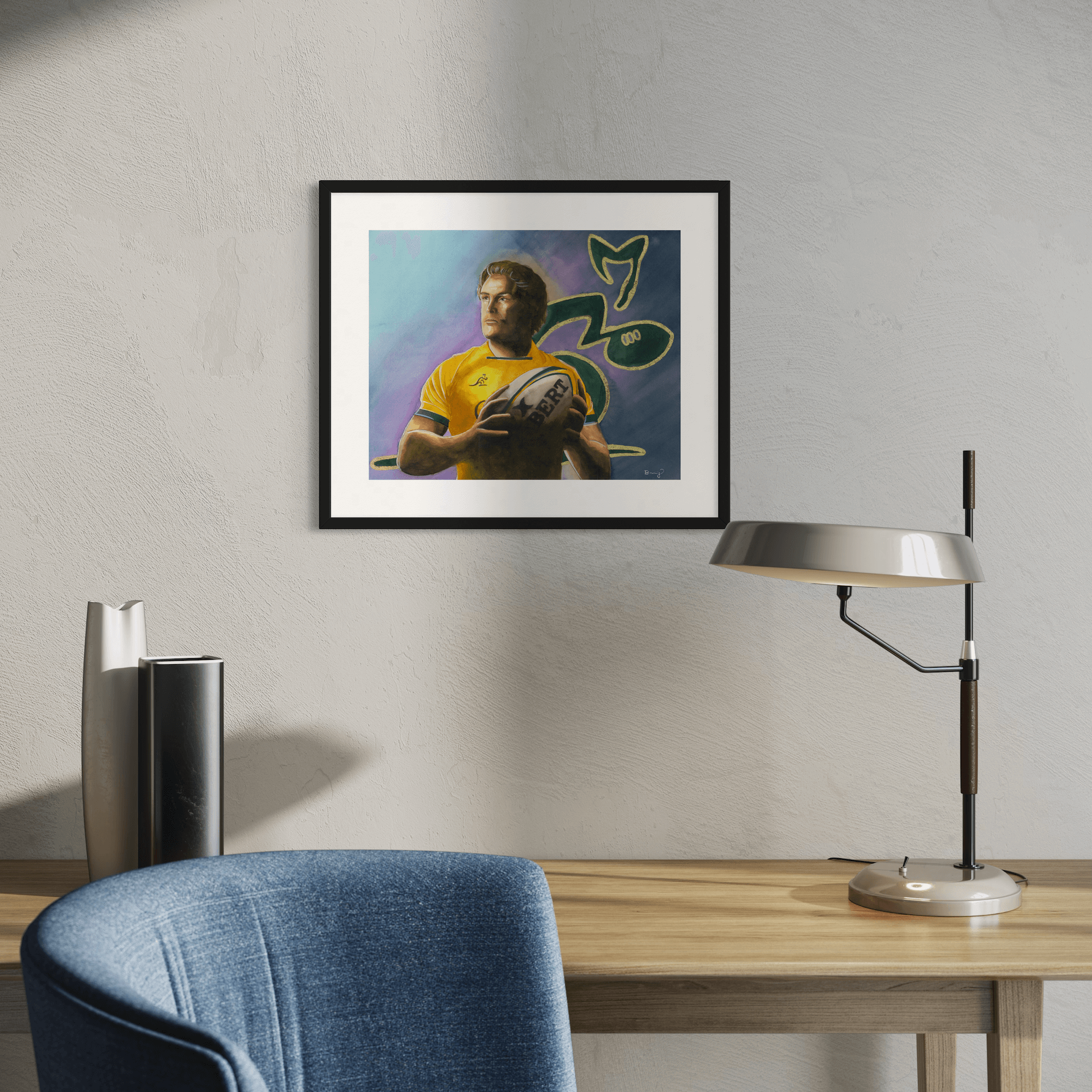 Custom framed, hand-embellished fine art print of Australian rugby player Michael Hooper, displayed in a modern home office setting.