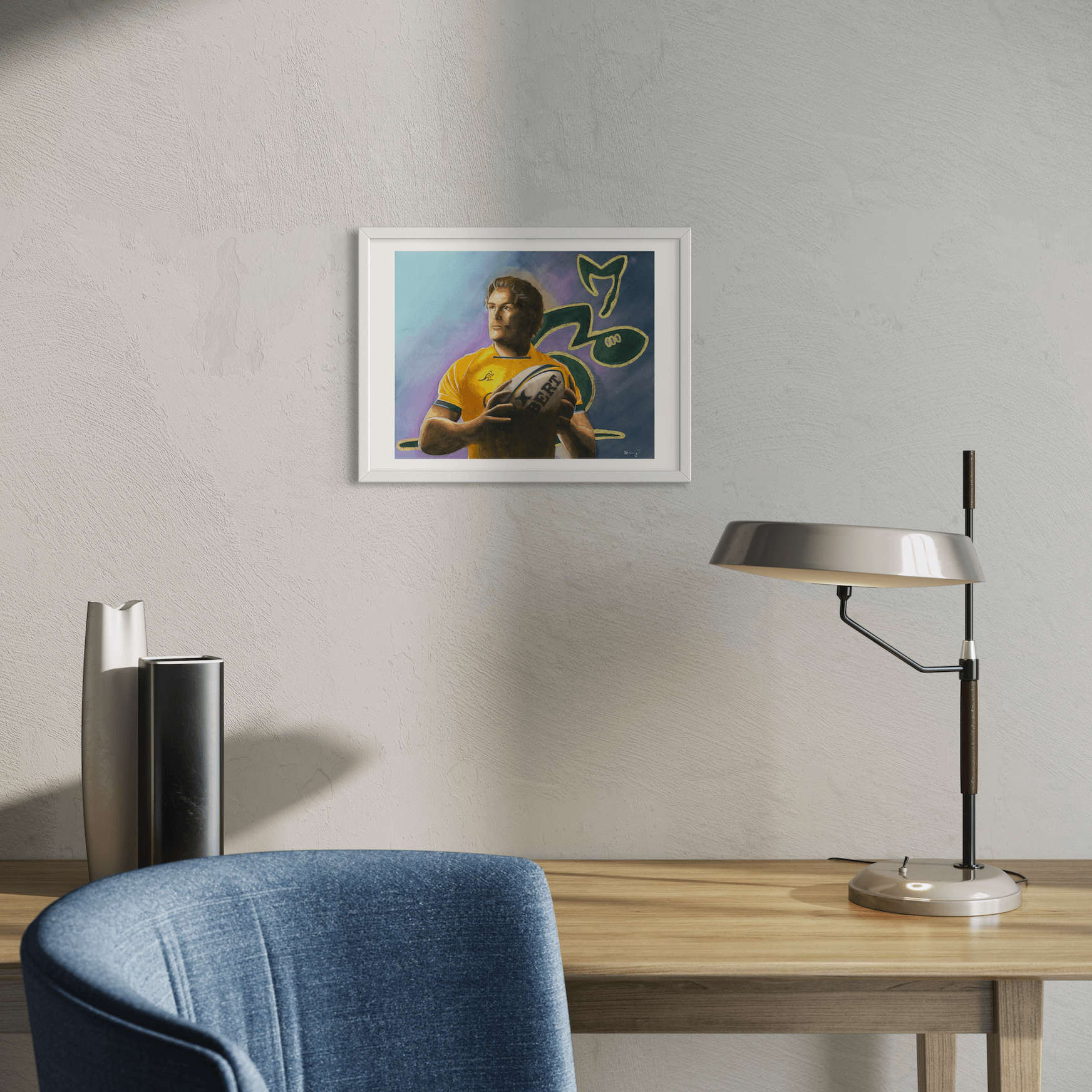 30 x 40 cm hand-embellished fine art print of Australian rugby player Michael Hooper, framed without mat and displayed in a modern home office setting.