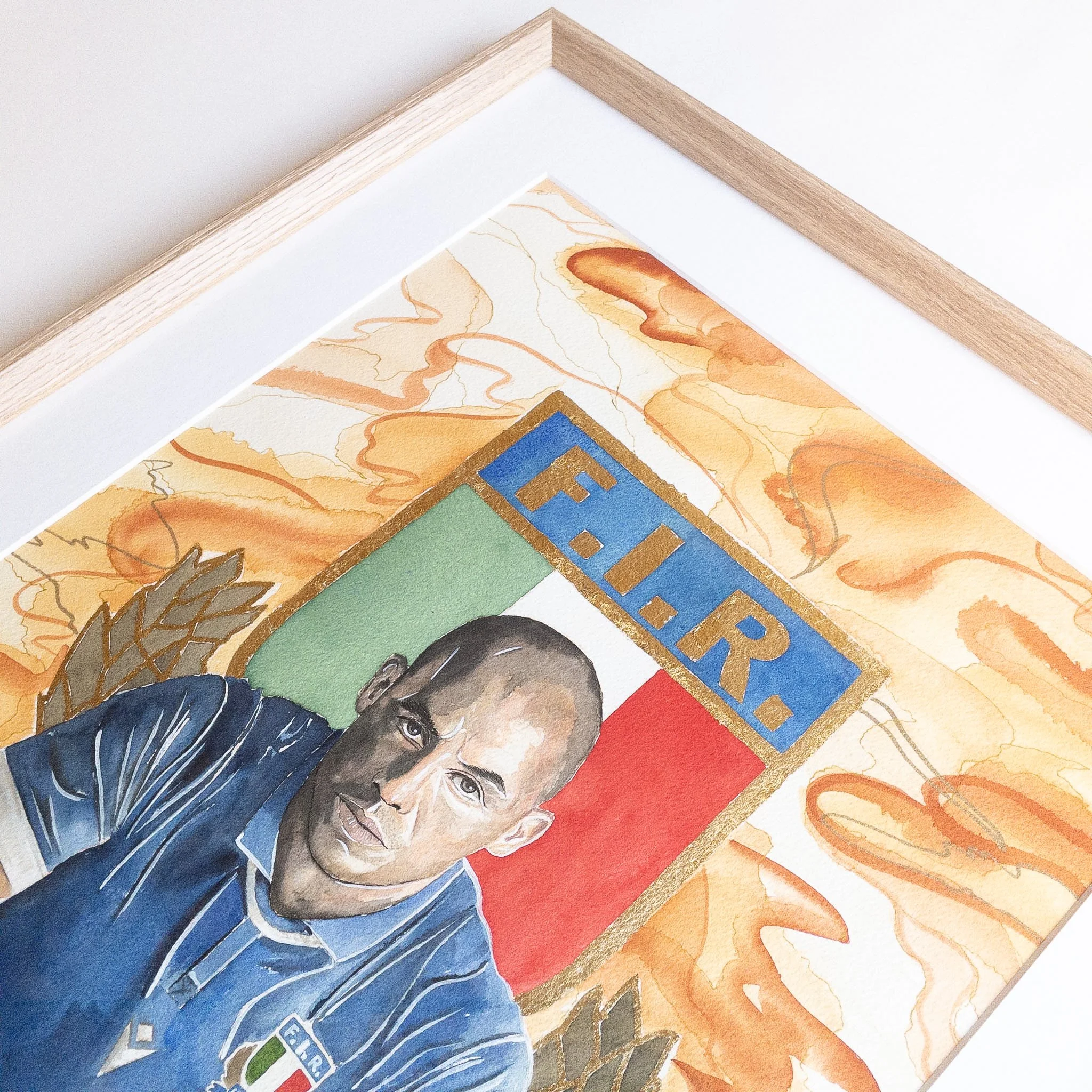 Portrait de Sergio Parisse en aquarelle, cadre chêne naturel, vue en perspective