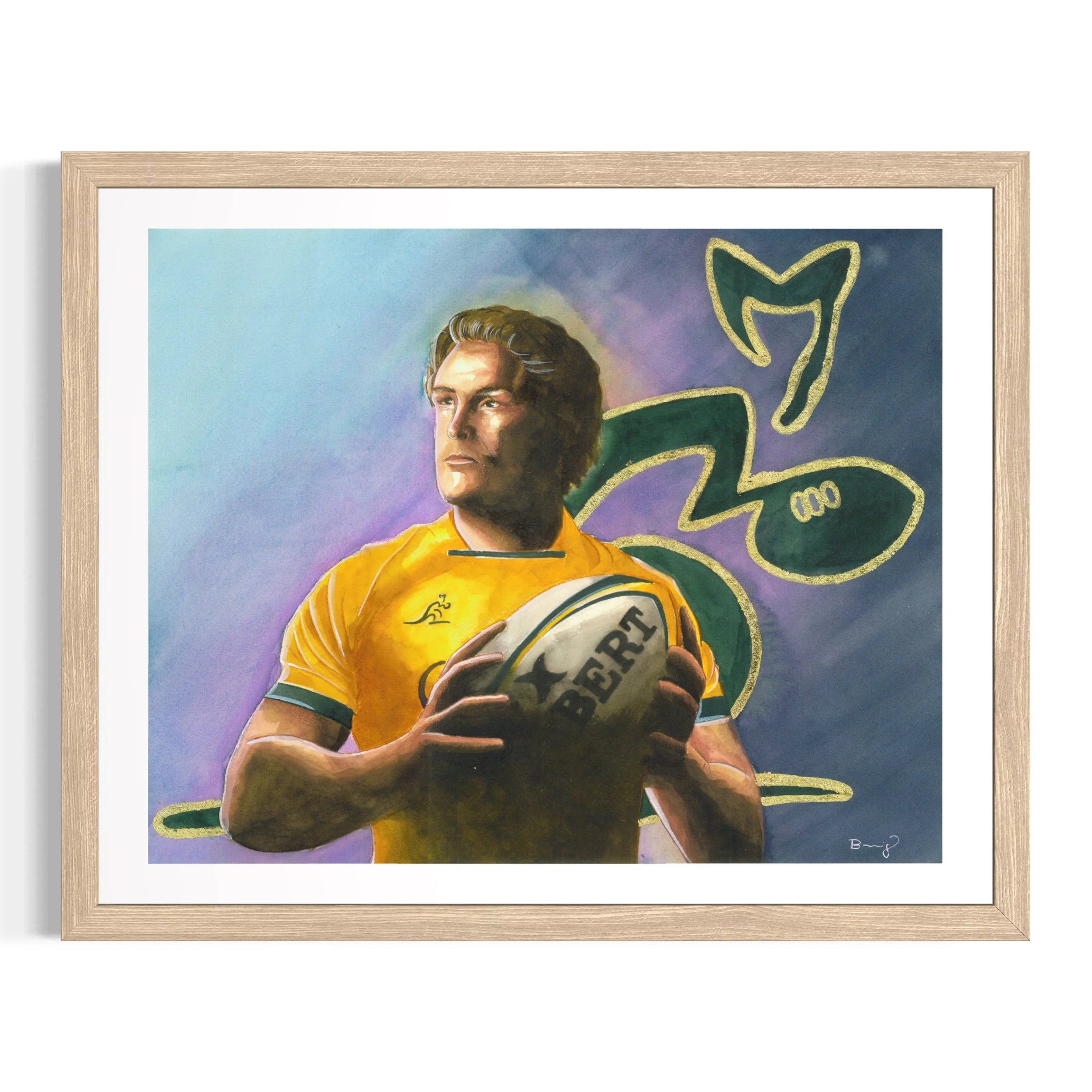 Michael Hooper, tirage d'art 40 x 50 cm rehaussé à la main d'après un portrait à l'aquarelle — collection Légendes du Rugby