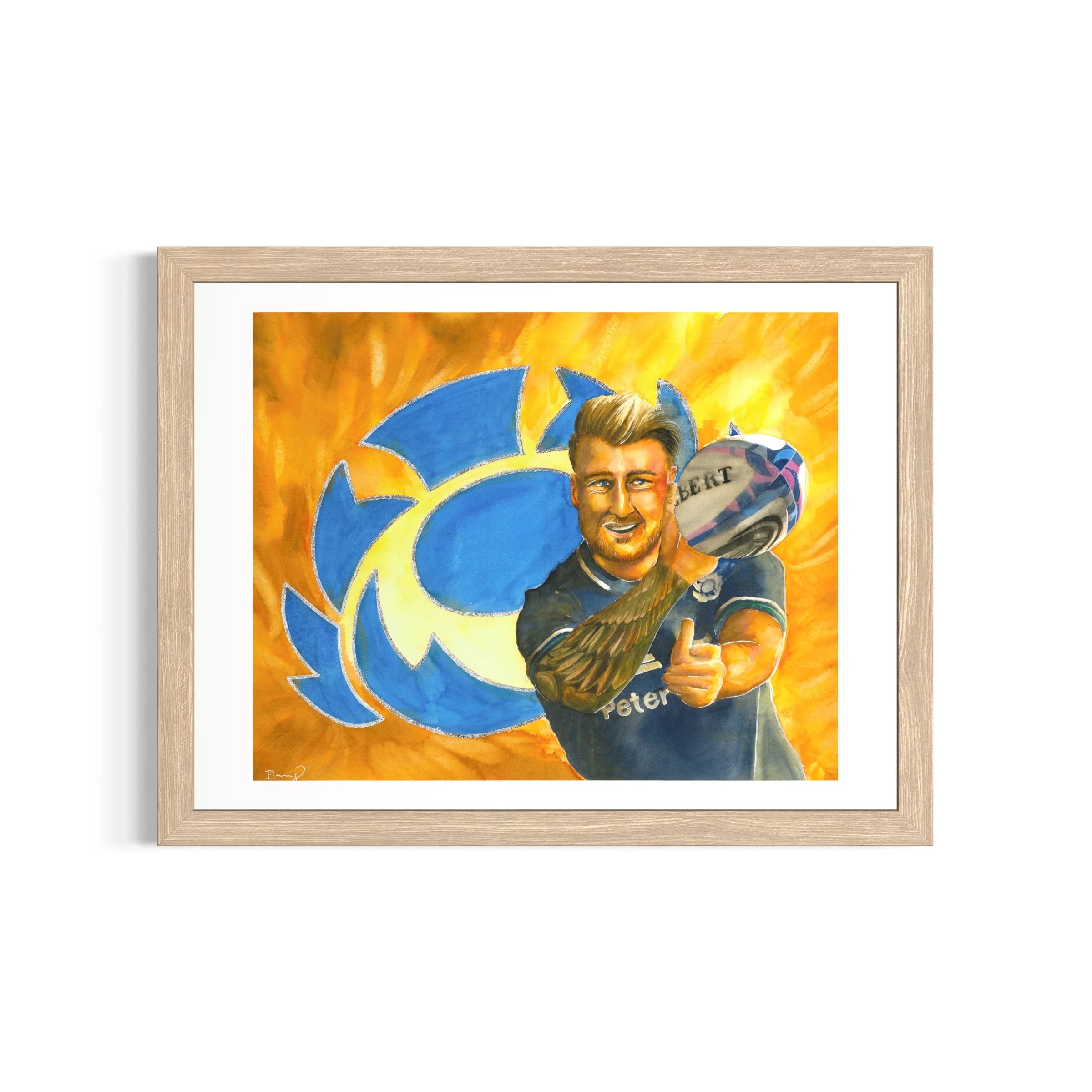 Stuart Hogg, tirage d'art 30 x 40 cm rehaussé à la main d'après un portrait à l'aquarelle — collection Légendes du Rugby