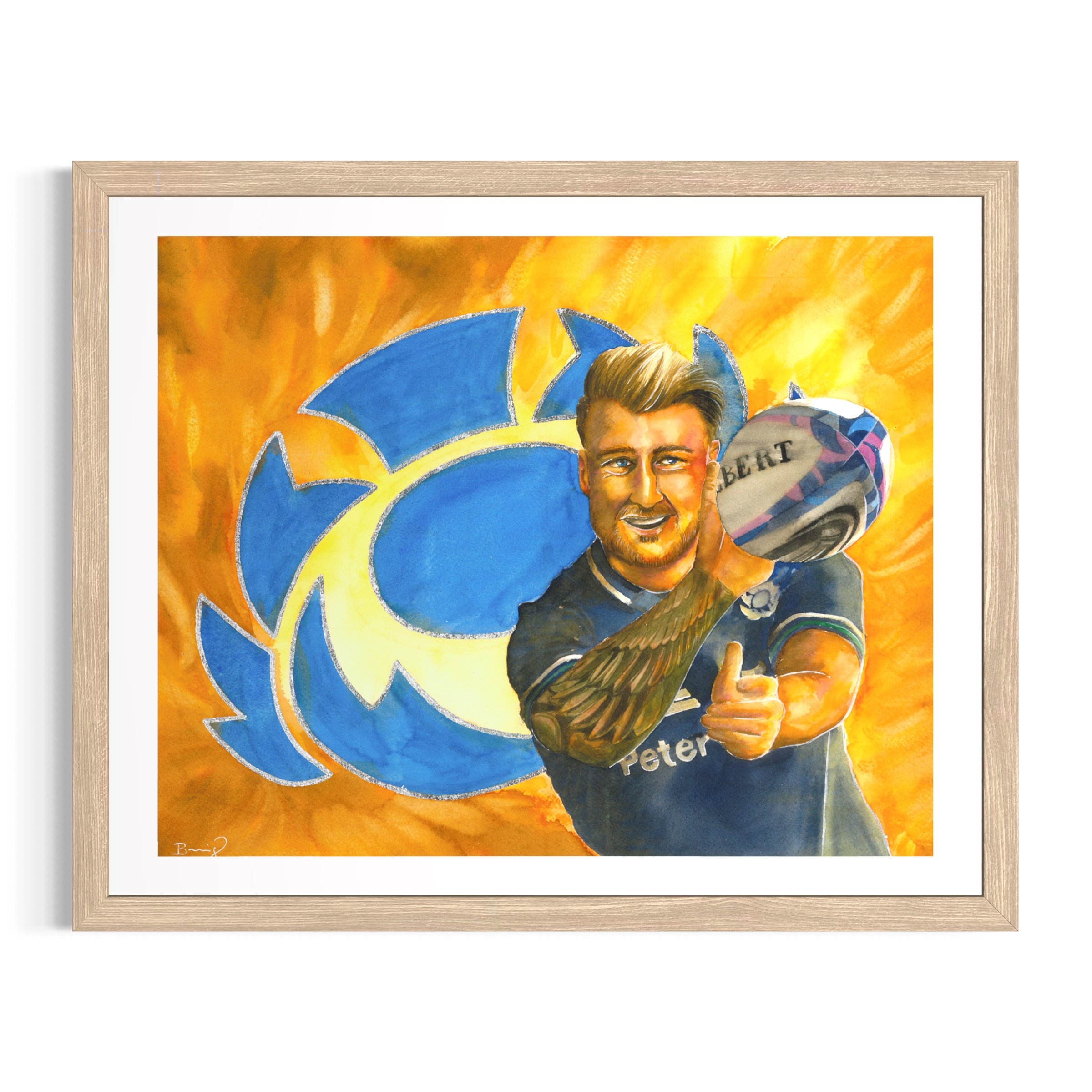 Stuart Hogg, tirage d'art 40 x 50 cm rehaussé à la main d'après un portrait à l'aquarelle — collection Légendes du Rugby