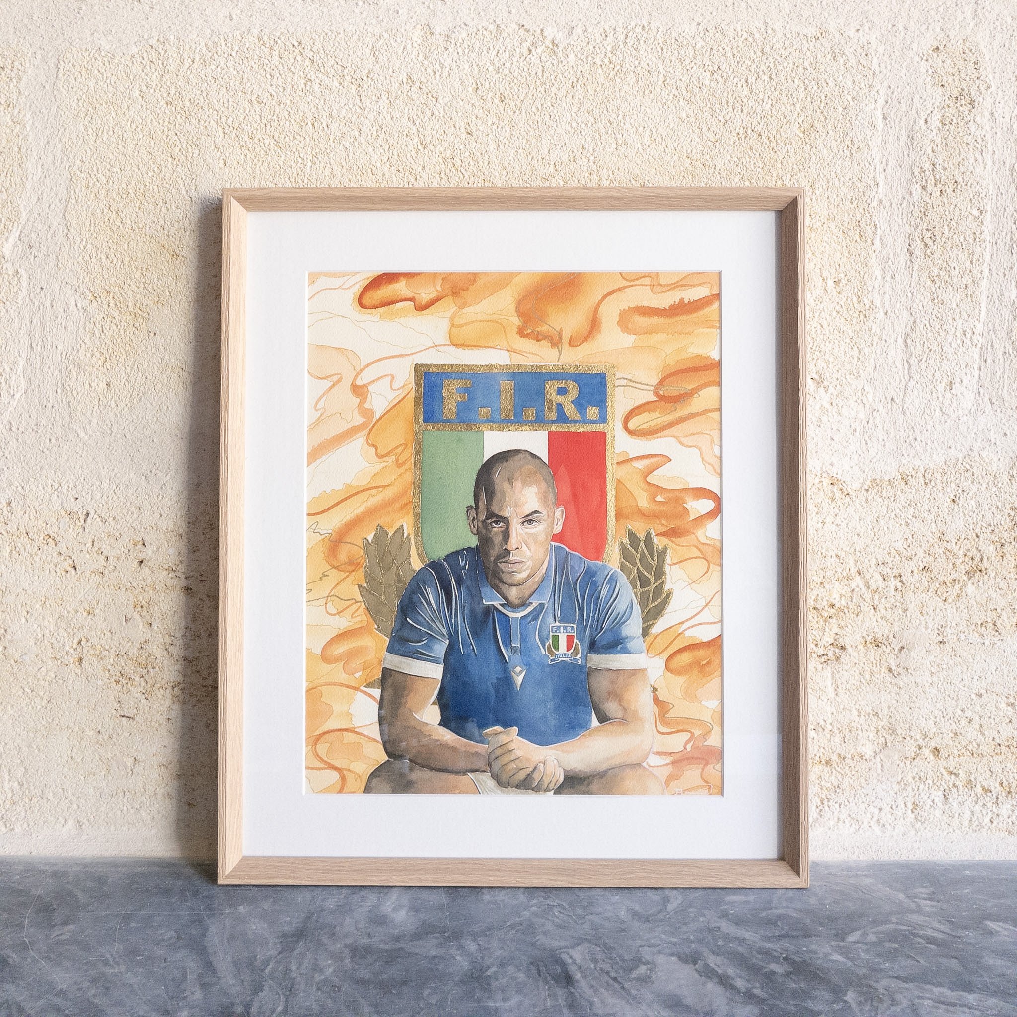Aquarelle originale de Sergio Parisse encadrée, chêne naturel et passe-partout blanc, vue de face