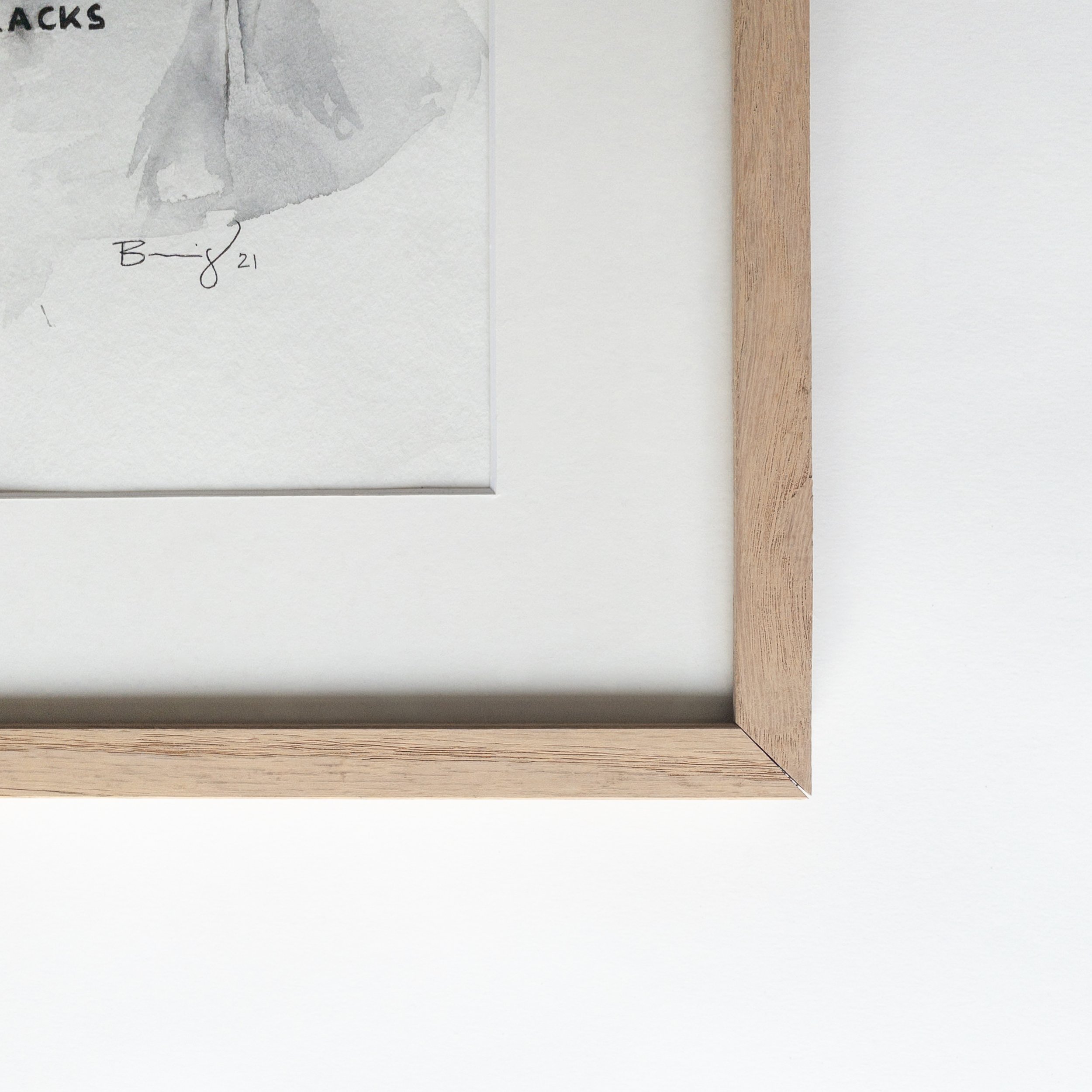 Cadre chêne naturel, passe-partout et signature — aquarelle originale de Jordie Barrett