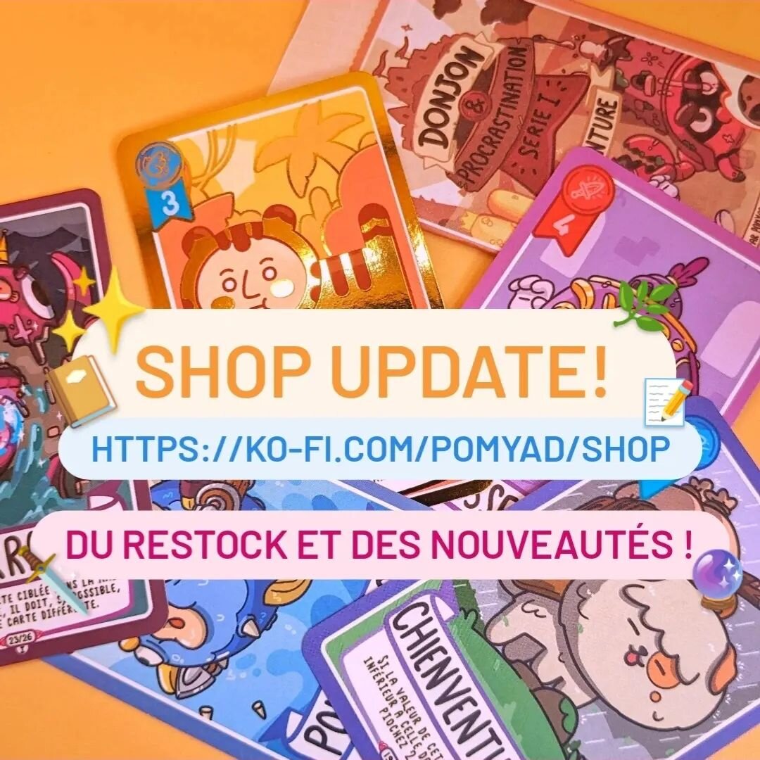 Donjon &amp; Procrastination - Jeu de Cartes &agrave; Collectionner 🌟
📯 SHOP UPDATE 📯
Oyez, oyez ! Je viens de mettre le Shop &agrave; jour ! ✨
Vous y trouverez d&eacute;sormais les 3 guides narratifs 📔, les portes cl&eacute;s et pin's 🔮, les bl