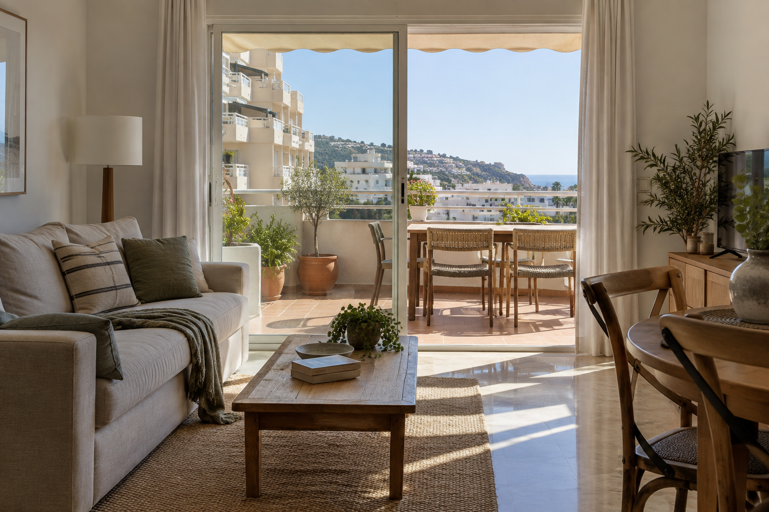 Illustrative living room view towards a terrace in a Costa del Sol apartment