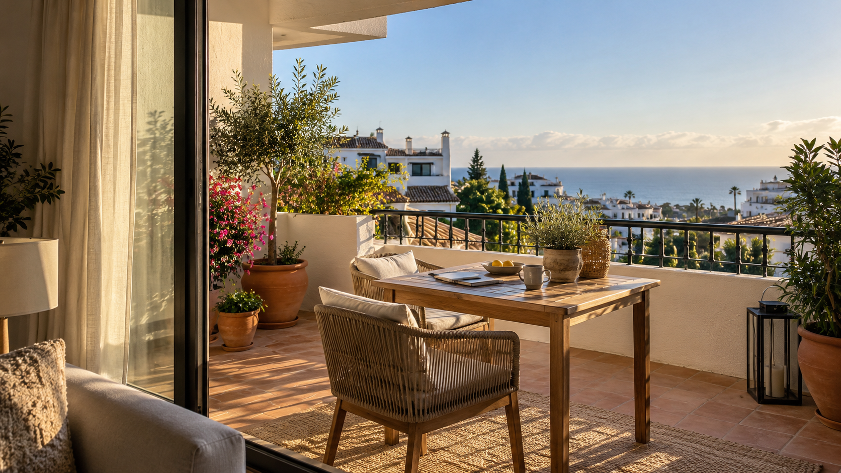 Illustrative view from a Costa del Sol apartment towards a terrace and the sea