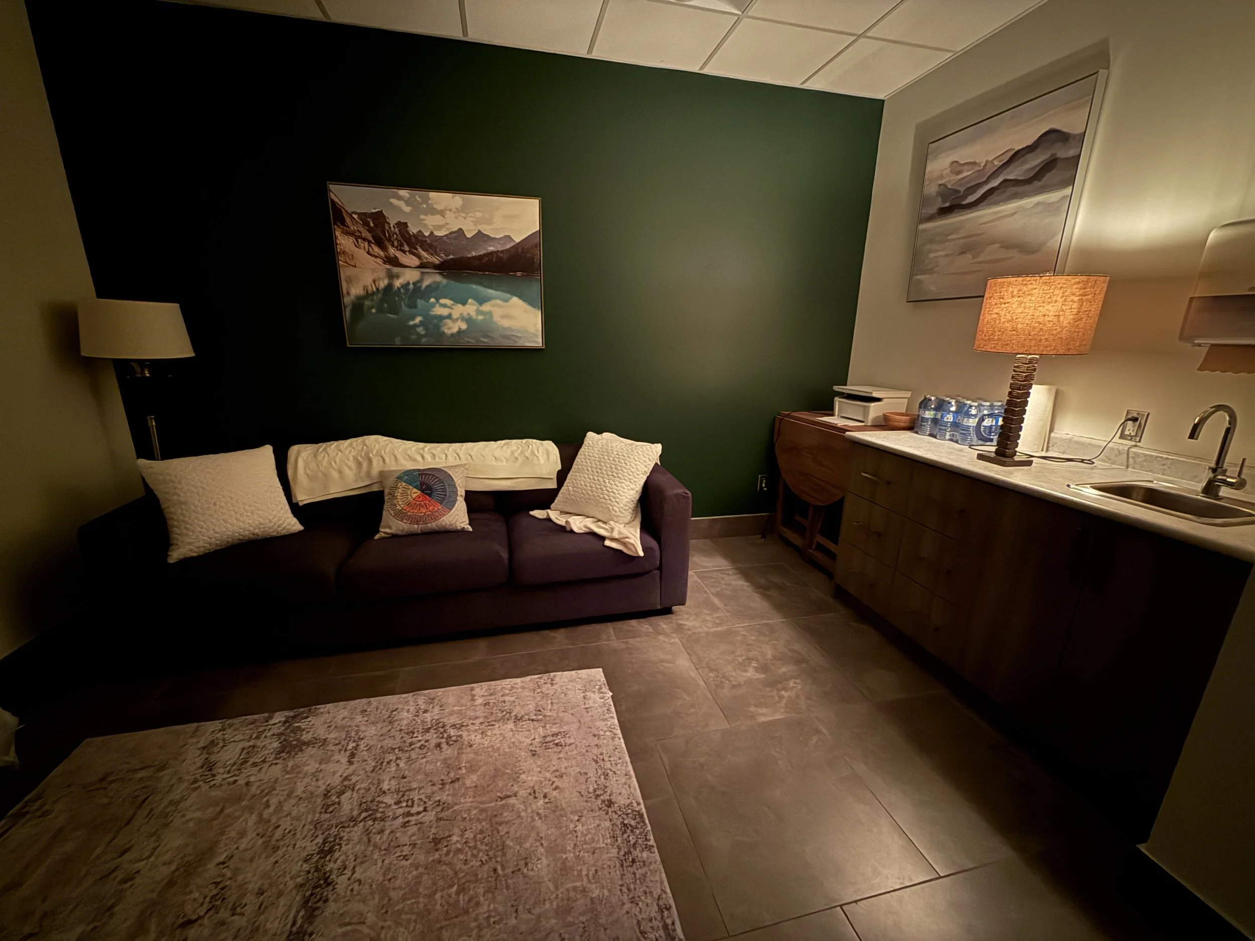 A cozy living room with a dark purple sofa decorated with white and colorful pillows, two framed landscape paintings on a green and white wall, a wooden side table with water bottles, a lamp, and a small kitchen sink area with a granite countertop.