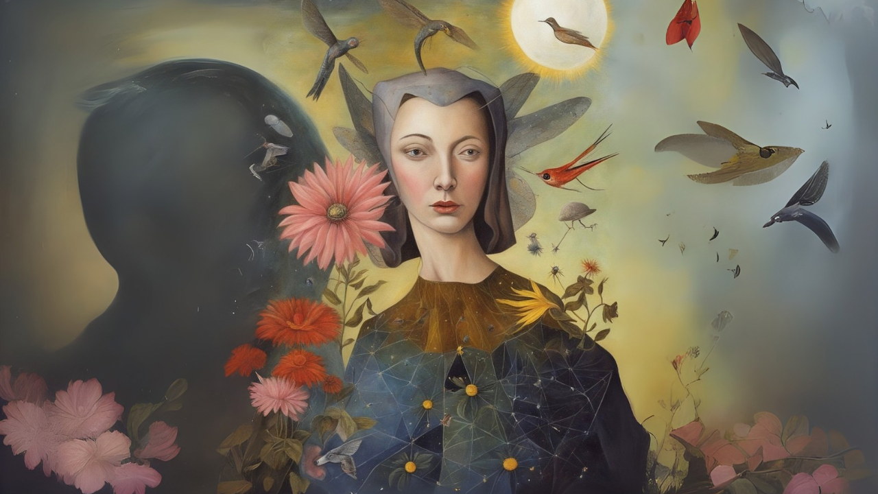 A surreal painting of a woman with a serene expression surrounded by flying birds, flowers, and a partly obscured silhouette of a head, with a moon and a glowing sun in the background.