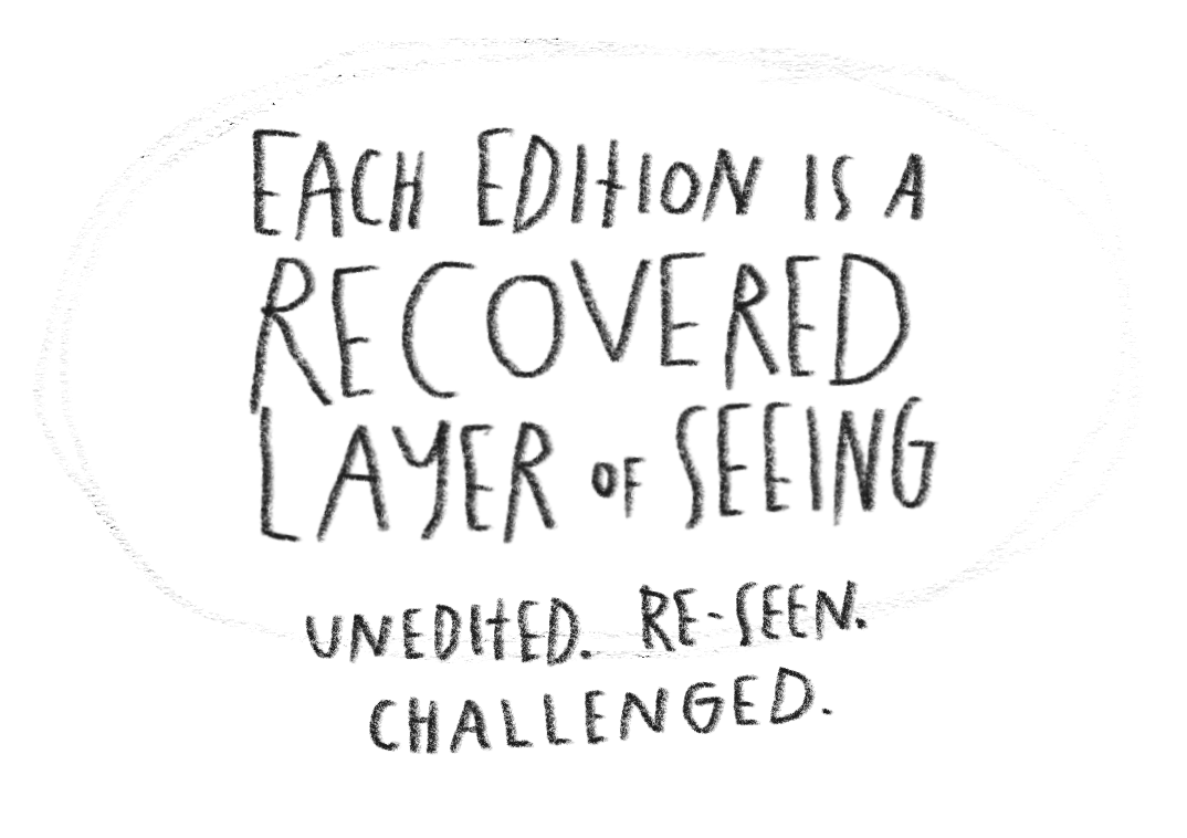 Handwritten quote inside an oval: 'Each edition is a covered layer of seeing. Unedited, re-seen, challenged.'