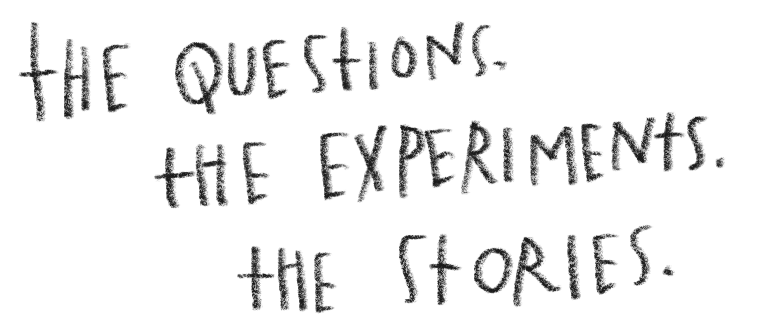 Handwritten text reading, 'The questions. The experiments. The stories.'