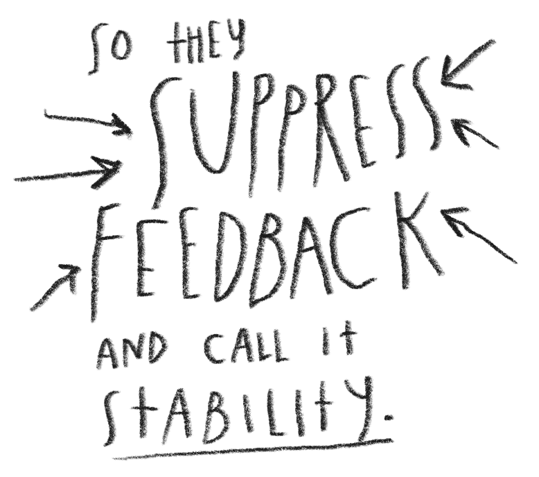 Hand-drawn motivational message reading "So they SUPPRESS feedback and call it stability," with arrows pointing to the words "suppress" and "stability."