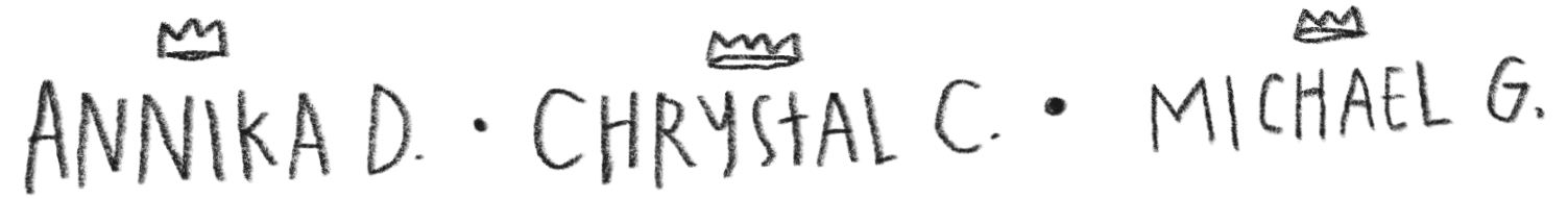 Close-up of a handwritten signature or list with names: Annika D., Chrystal C., Michael G., with small crown symbols above each name.