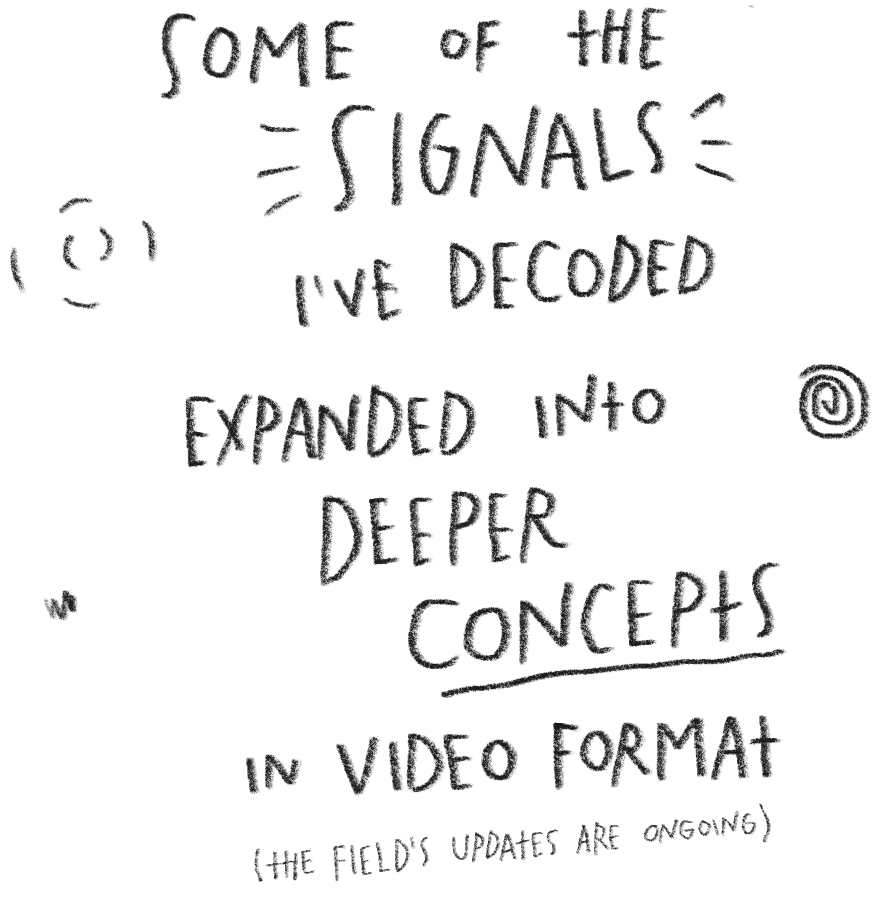 Handwritten note with various words and symbols. Text reads: "Some of the signals I've decoded expanded into deeper concepts in video format (the field's updates are ongoing)." Hand-drawn icons include a face, arrows, and a circular symbol.