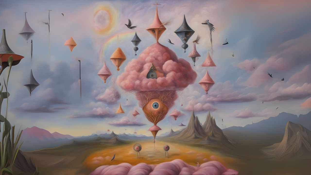 Surreal landscape featuring floating geometric shapes and structures in the sky, a large pink cloud with an eye and house-like formations, mountains in the background, and a rainbow with a sun, all depicted in a dreamlike style.