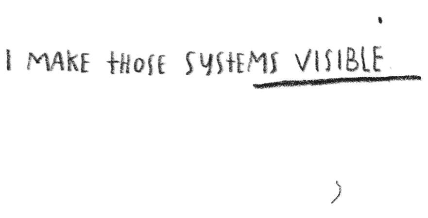 Handwritten note saying, 'I make those systems visible.'
