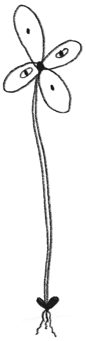 A simple black and white line drawing of a flower with a long, thin stem, four petals, and a small root system at the base.