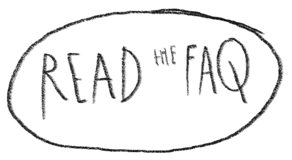 Hand-drawn sign or sticker with the text "READ THE FAQ" inside a rough oval outline.