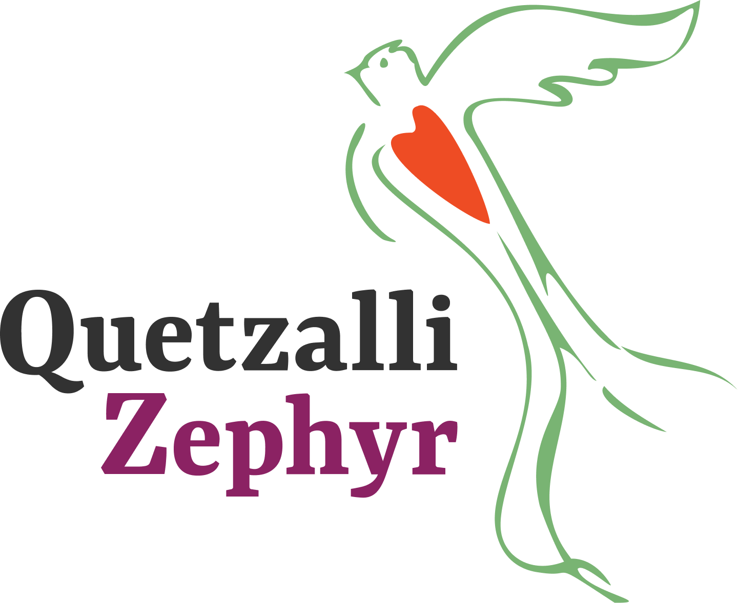 The Quetzalli Zephyr logo featuring a stylized bird with a heart at its center alongside the organization’s name in a clean, bold wordmark.