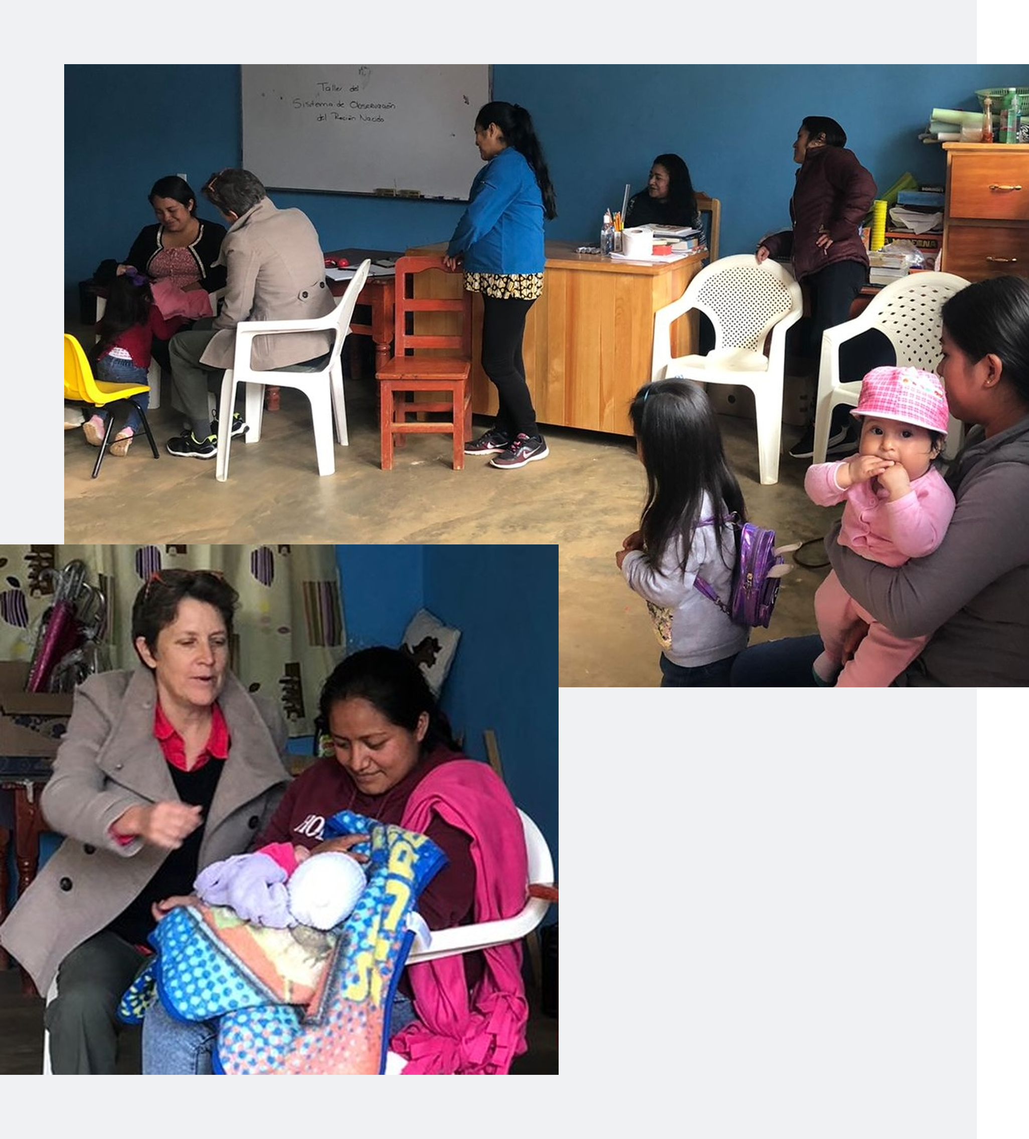 Practitioners working with parents and infants in a community setting, observing newborn behavior and supporting early parent-infant connection through culturally responsive care.