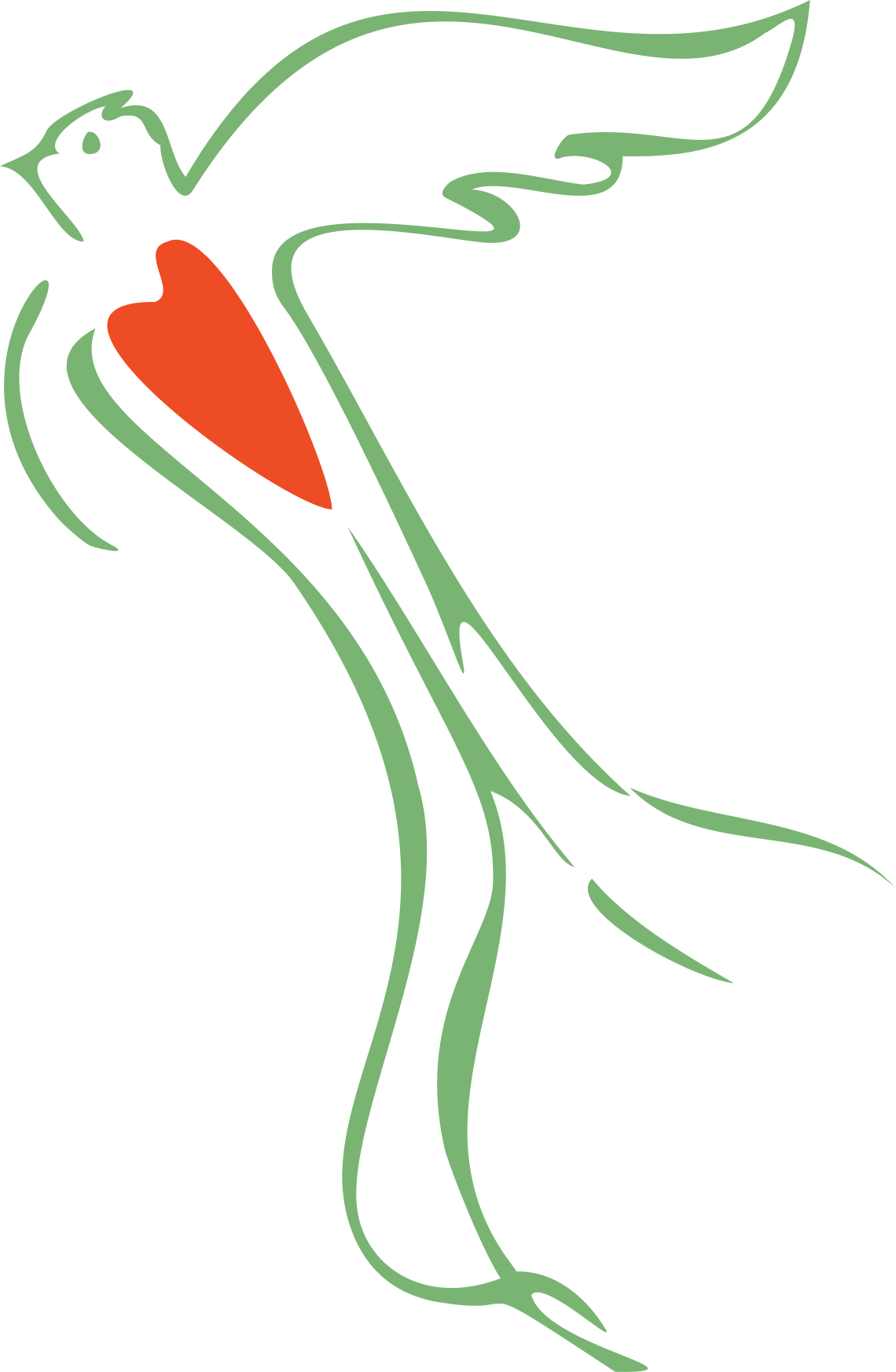 A minimalist line illustration of a bird in motion, drawn in green with a red heart shape at its center, representing the Quetzalli Zephyr logo.