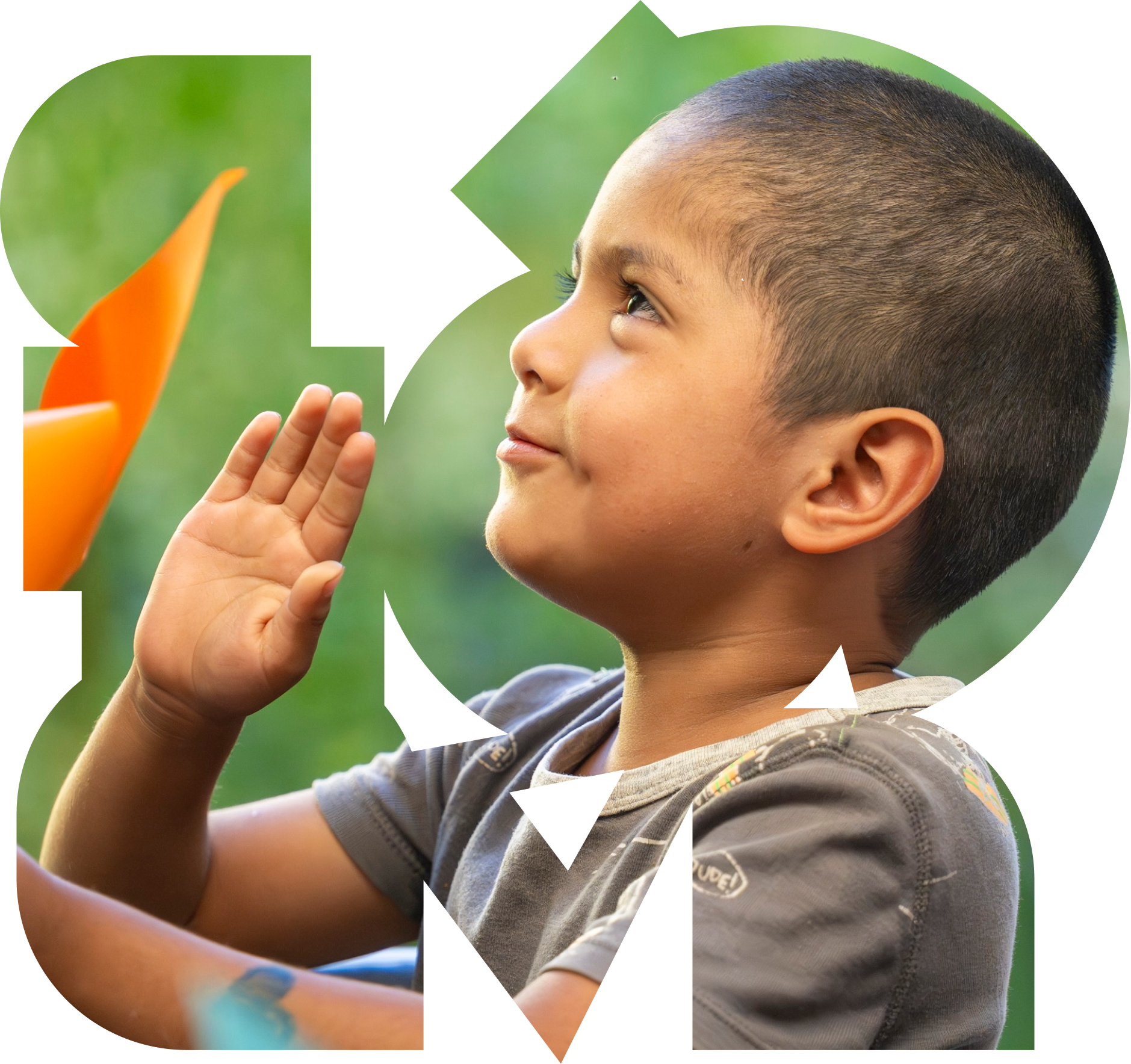 A close-up profile of a young child raising one hand and looking upward, framed by soft, organic graphic shapes from Quetzalli Zephyr’s visual identity against a blurred green background.