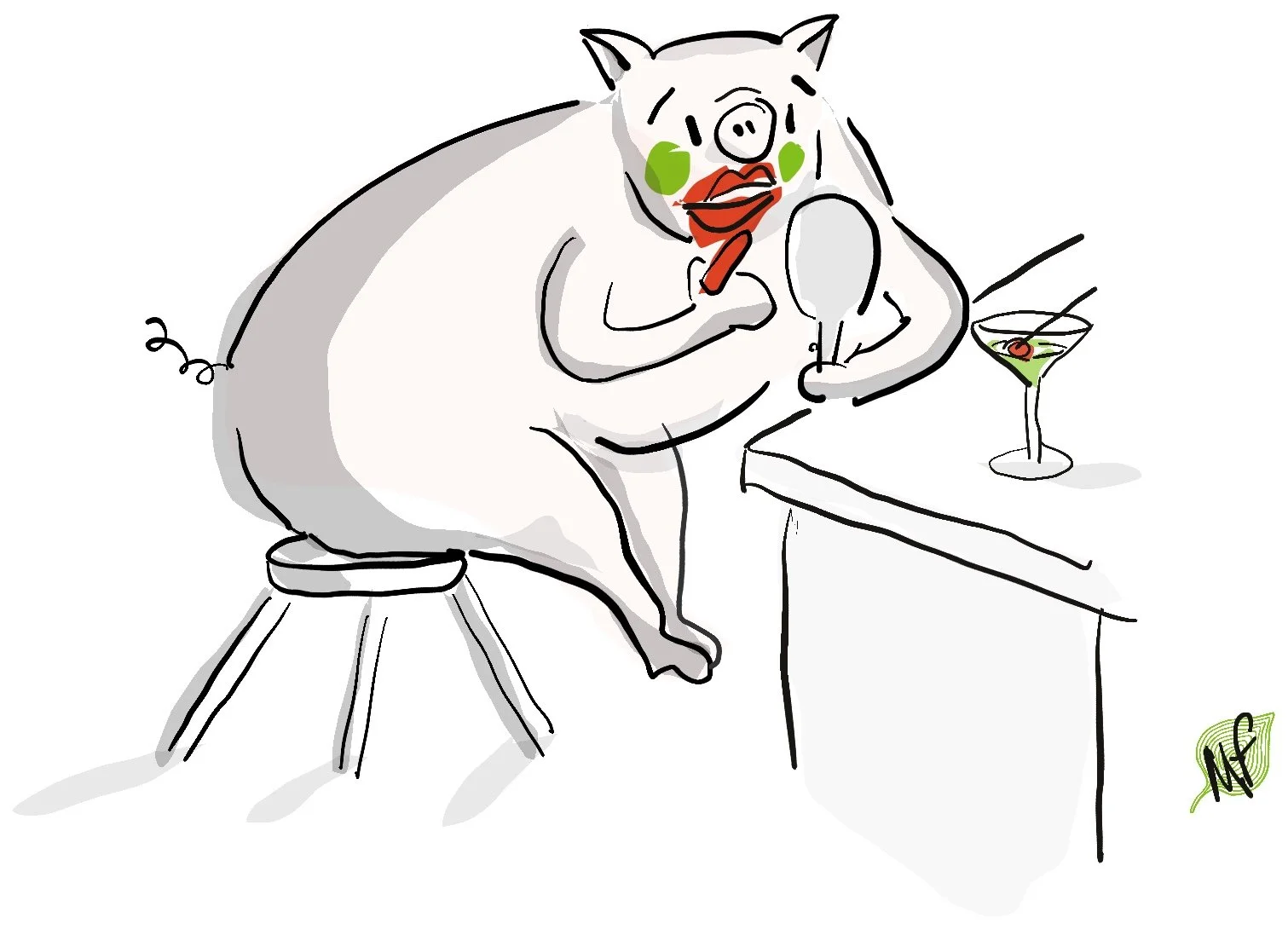 Pig sitting at the bar, applying red lipstick, drawn by Mary Fleming