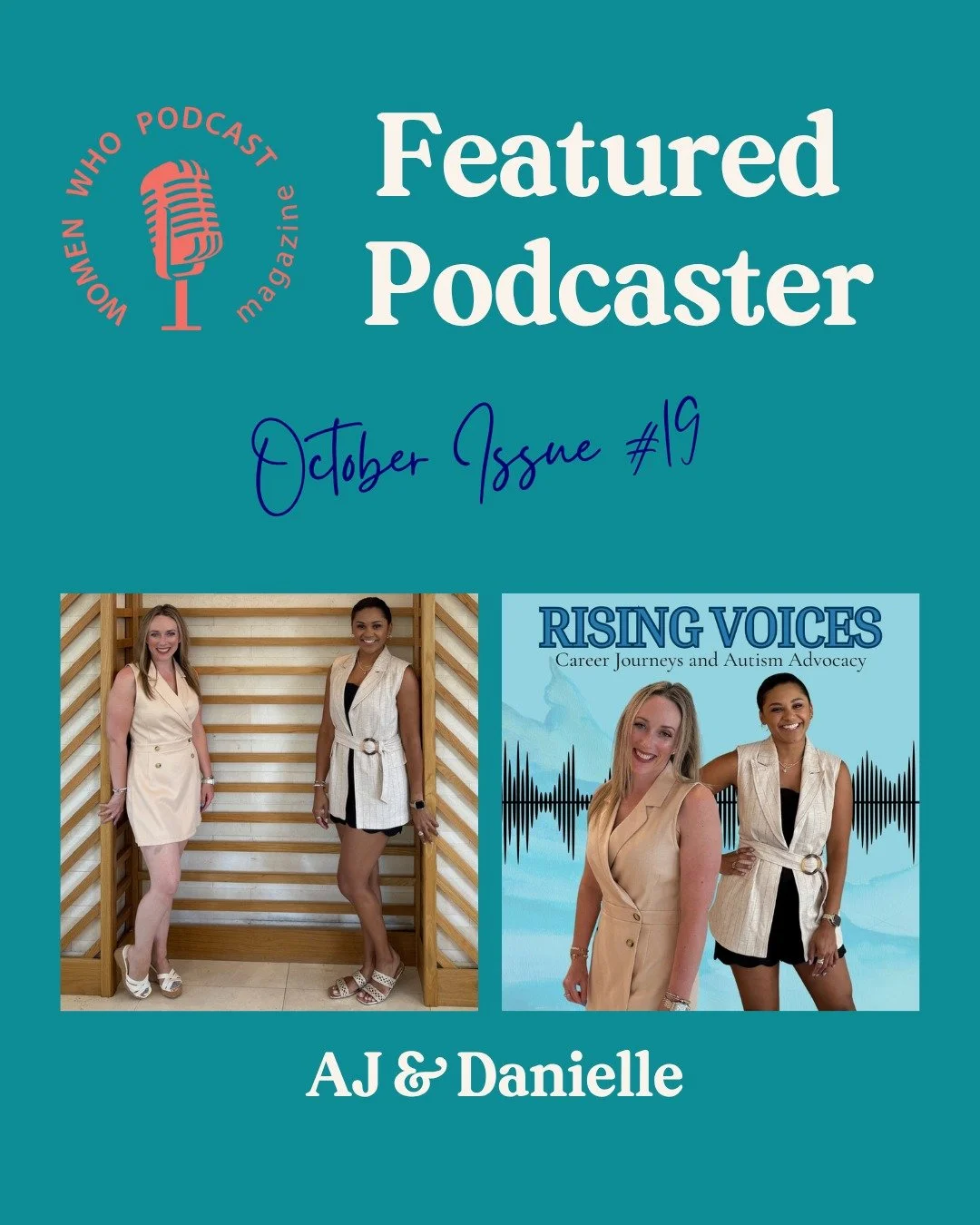 FEATURED PODCASTER!

⭐️⭐️⭐️⭐️⭐️⭐️⭐️⭐️⭐️⭐️

Hosts Danielle Terrell and A.J. Cullen from the Rising Voices podcast are onto something incredible with the mission behind their show. Every month, the dynamic duo and real-life best friends showcase the pa