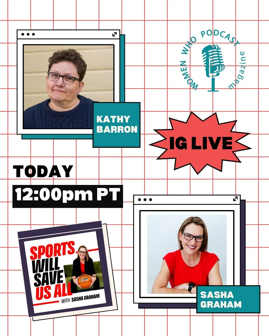 IG LIVE TODAY!

We're going LIVE at 12pm PT/ 3pm ET!

Kathy will be chatting with Sasha Graham, host of Sports Will Save Us All podcast, about her show, how she was inspired to launch a podcast, and how her podcast is more than about sports. 

JOIN U